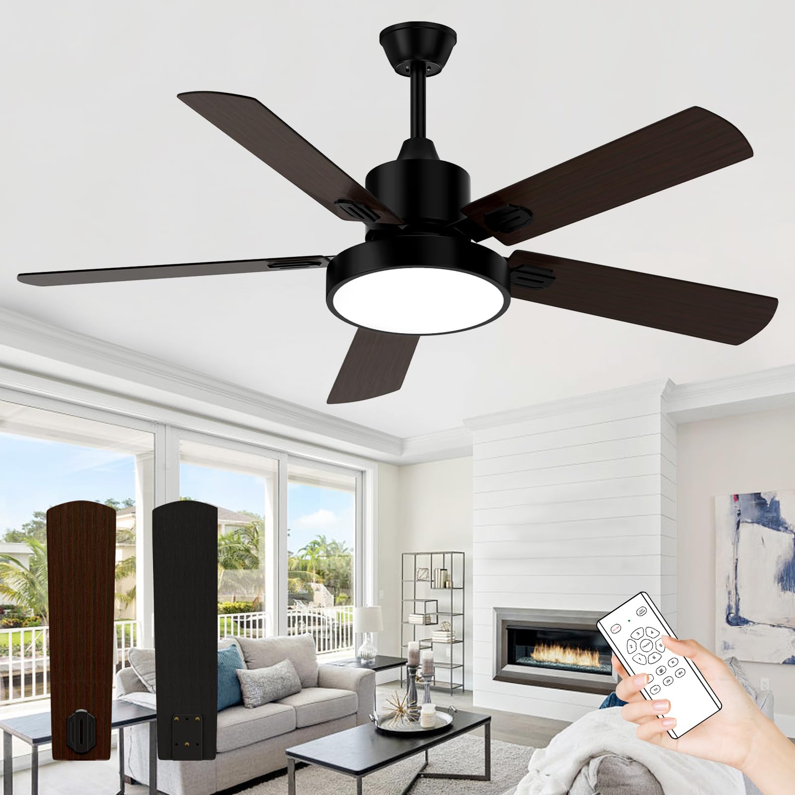 52-Inch Black Ceiling Fan with Light and Remote Control - Reversible Silent DC Motor, Matte Finish - Perfect for Living Room, Bedroom, and Outdoor Patio