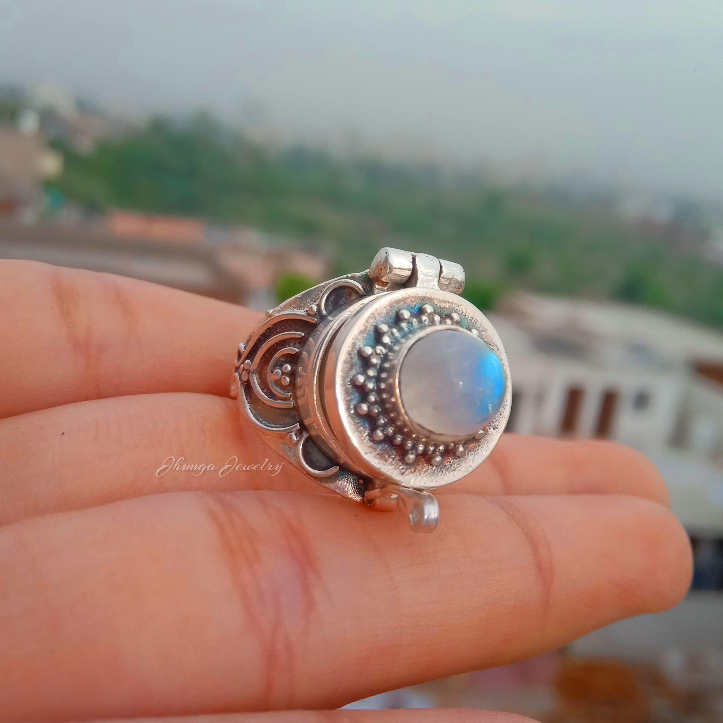 Handmade 925 Sterling Silver Rainbow Moonstone Poison Ring - Secret Box Ring with Openable Compartment for Pills, Medicine & Keepsakes | Perfect for Gothic Fashion, Cosplay & Unique Jewelry Gifts