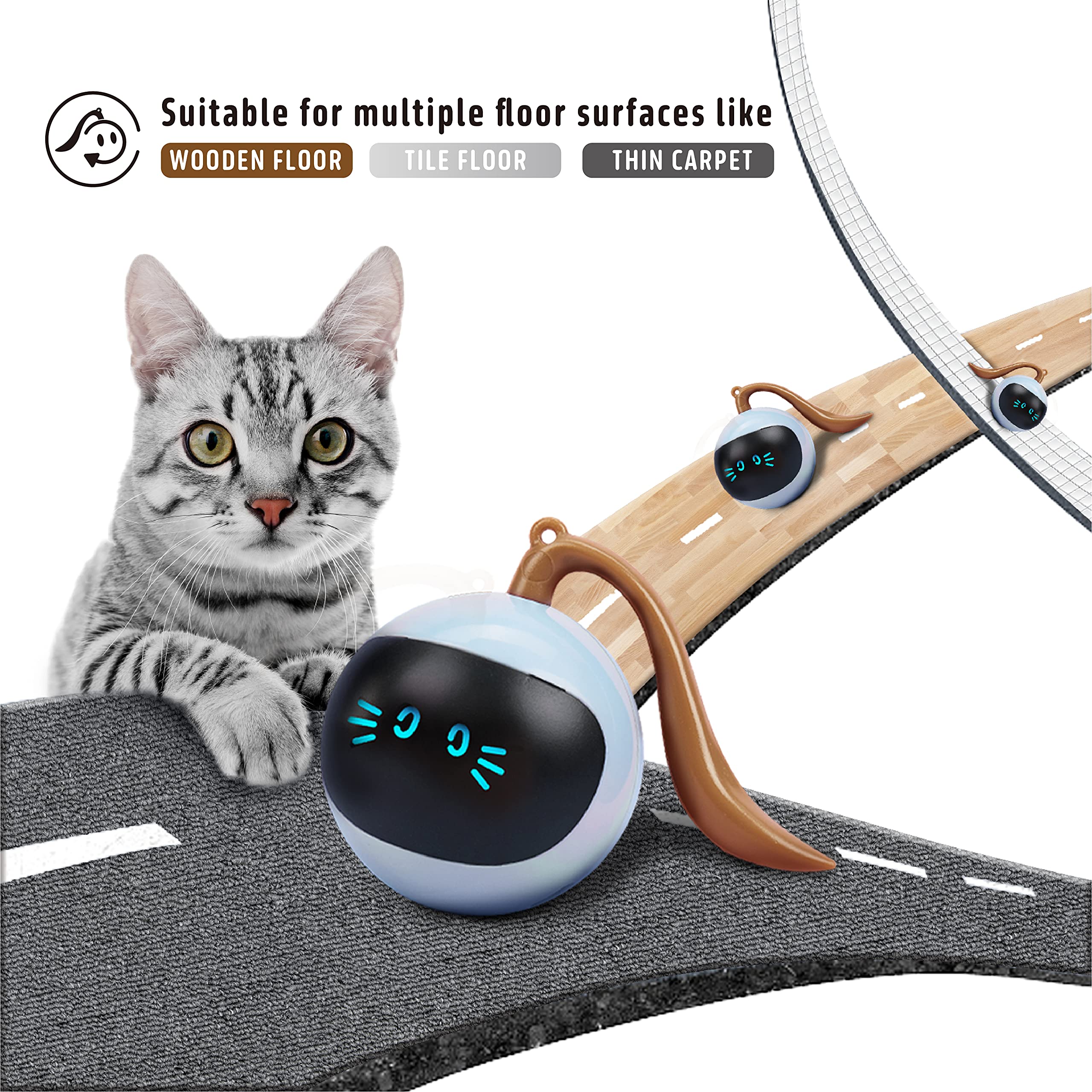 Interactive Cat Toys with 360° Self-Rolling Ball & USB Charging - Hunting Exercise Toys for Kittens, Puppies & Small Dogs - Indoor Play Teaser Wand for Active Pets (Blue) - Perfect for Playtime, Training & Bonding