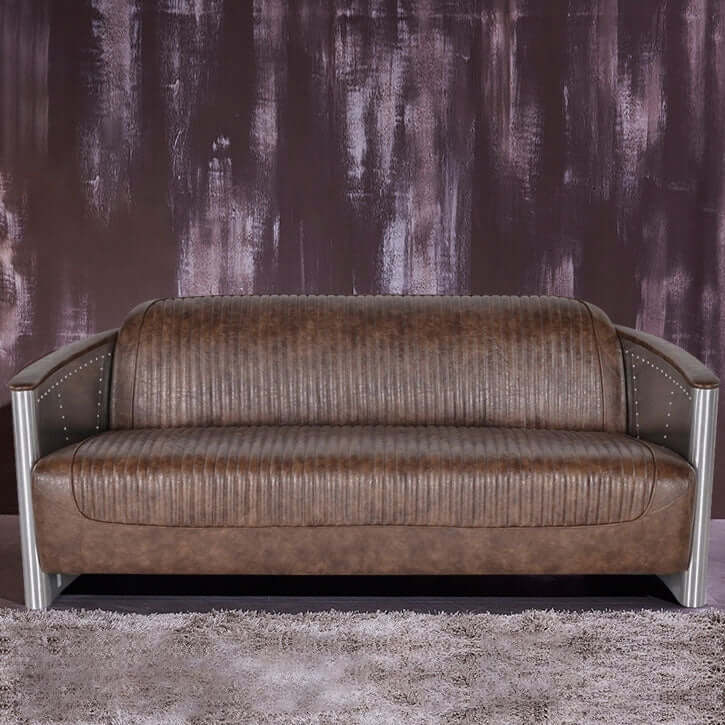Vintage Brown PU Leather Sofa - 3-Seater Aviator Industrial Loft Couch with Nailhead Trim | Perfect for Living Room, Office & Man Cave Decor