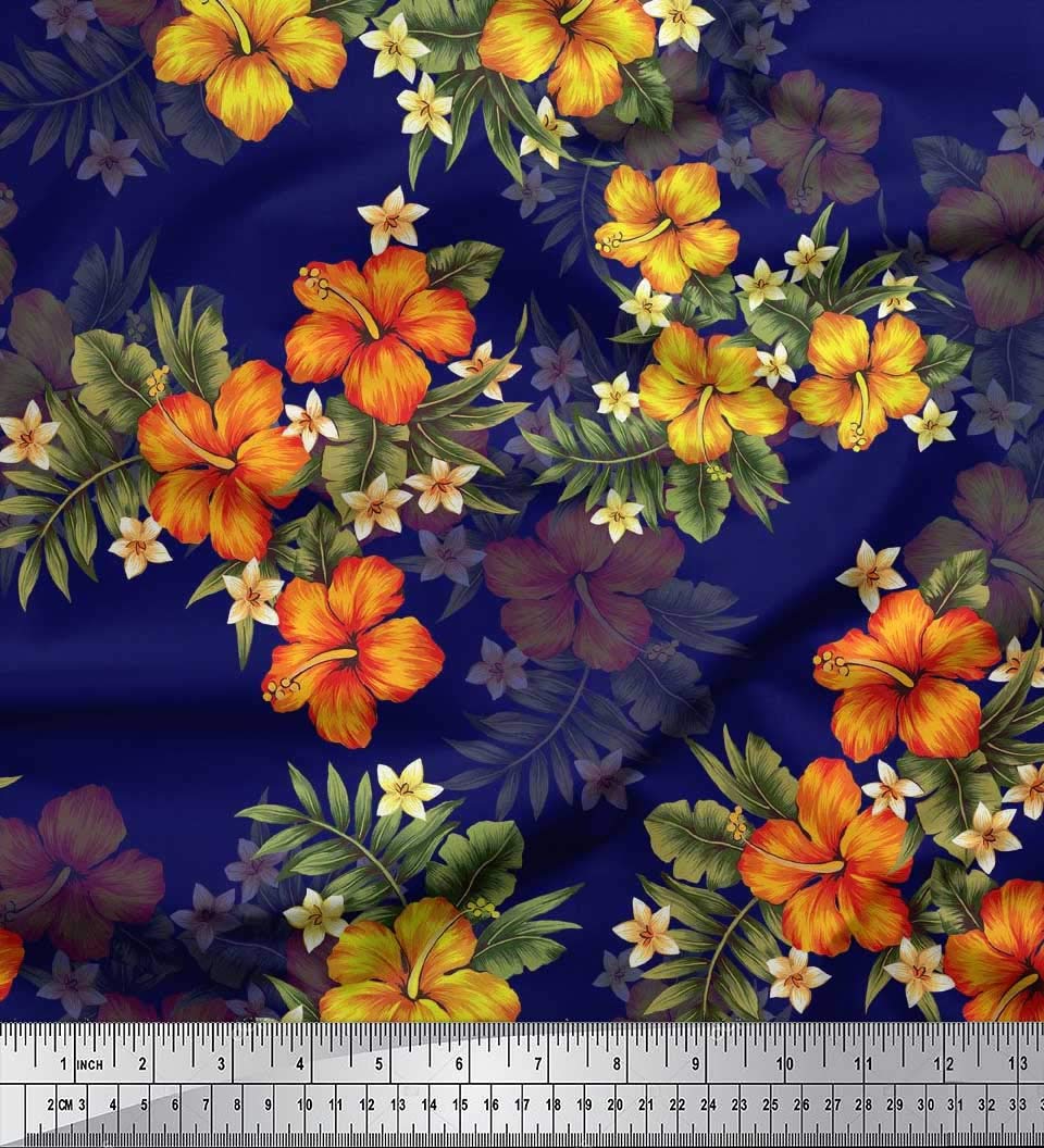 Soimoi Cotton Jersey Blue Fabric by The Yard - 58 Inch Wide Floral & Tropical Leaves Print - Soft Breathable Material for DIY Dresses, Skirts, and Home Decor Projects