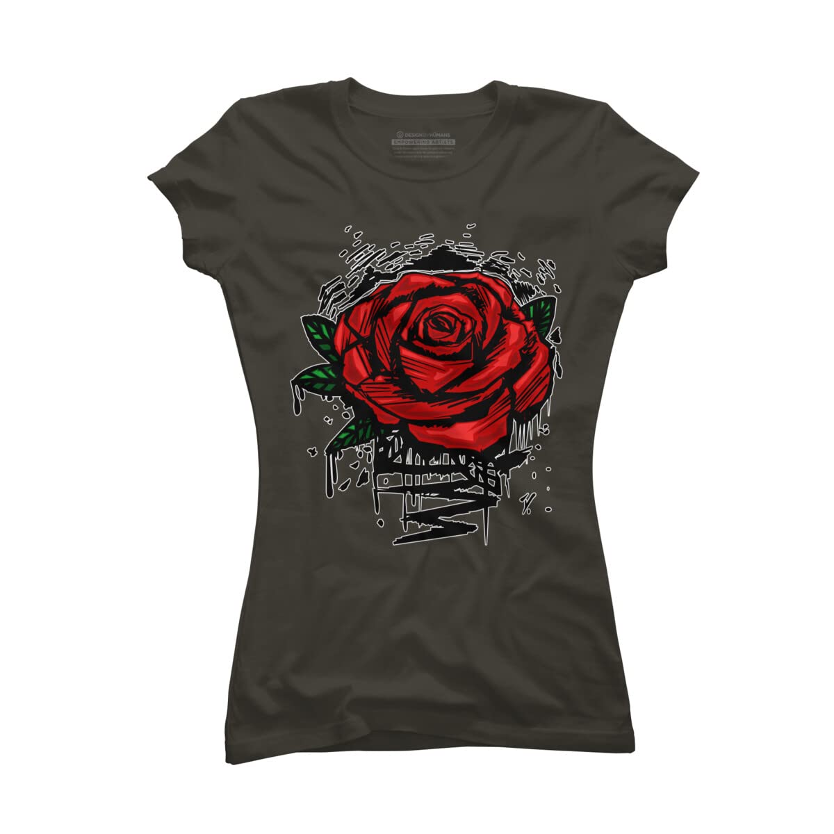 Design By Humans Junior's Rugged Rose by Adamzworld T-Shirt - Trendy Graphic Tee for Women - Perfect for Casual Wear, Street Style & Everyday Outfits