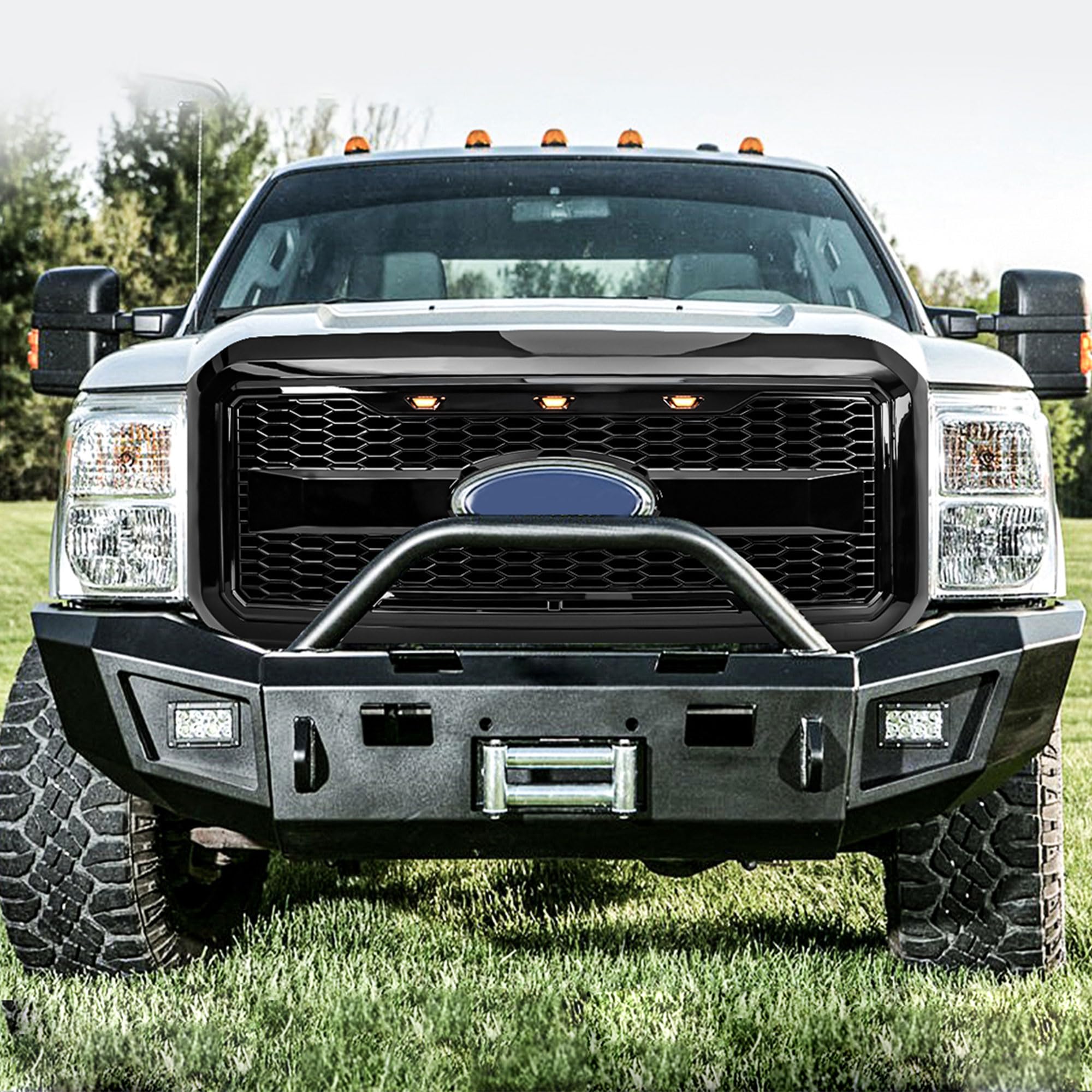 **2011-2016 Ford F250 F350 F450 F550 Raptor Style Front Grille with Amber LED Lights & Emblem Base - Glossy Black | Off-Road & Truck Customization Upgrade**    *(Use Case: Enhance your Ford Super Duty truck's aggressive look and visibility with this durable Raptor-style grille, perfect for off-roading, truck shows, or daily driving.)*