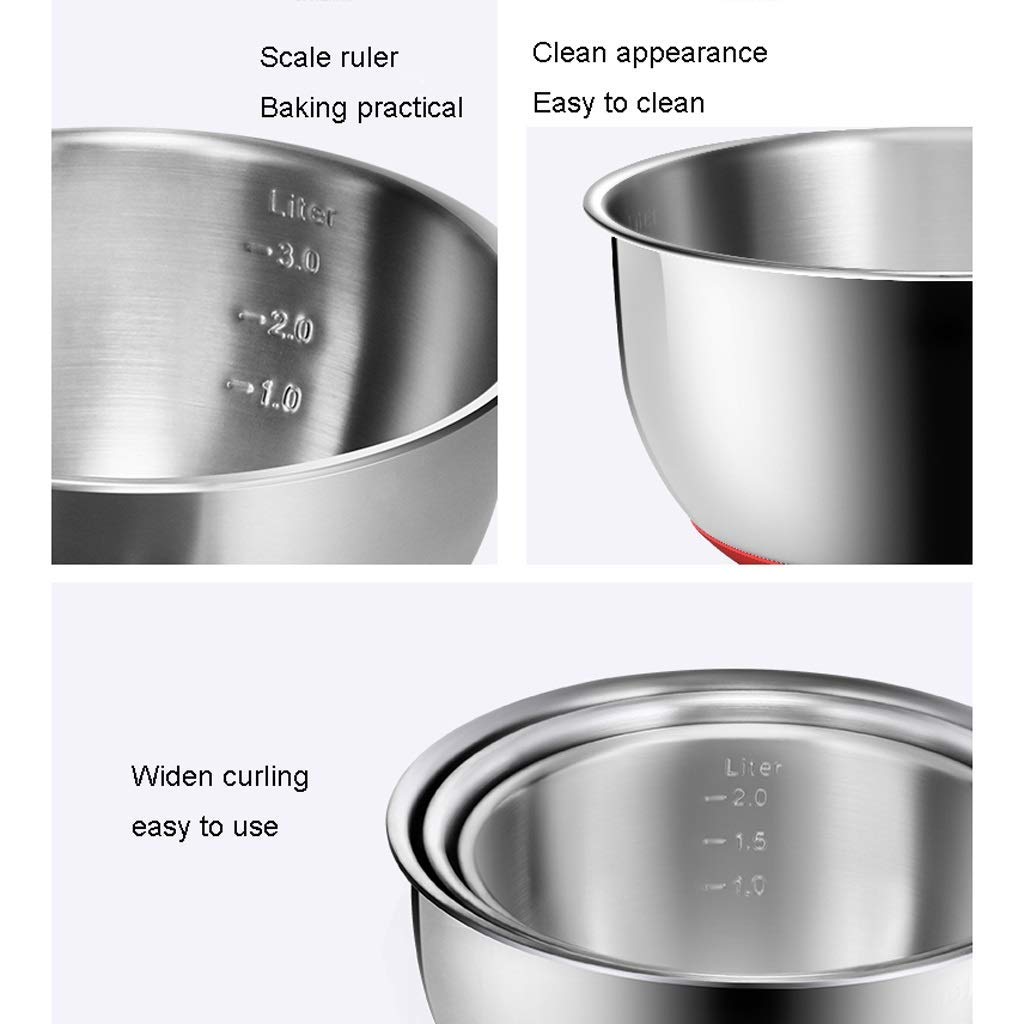 Stainless Steel Mixing Bowls Set of 3 - Nesting Dinner & Appetizer Plates with Measurement Lines & Non-Slip Silicone Base - Thick Material Salad, Batter & Egg Mixing Bowls for Baking, Cooking & Food Prep