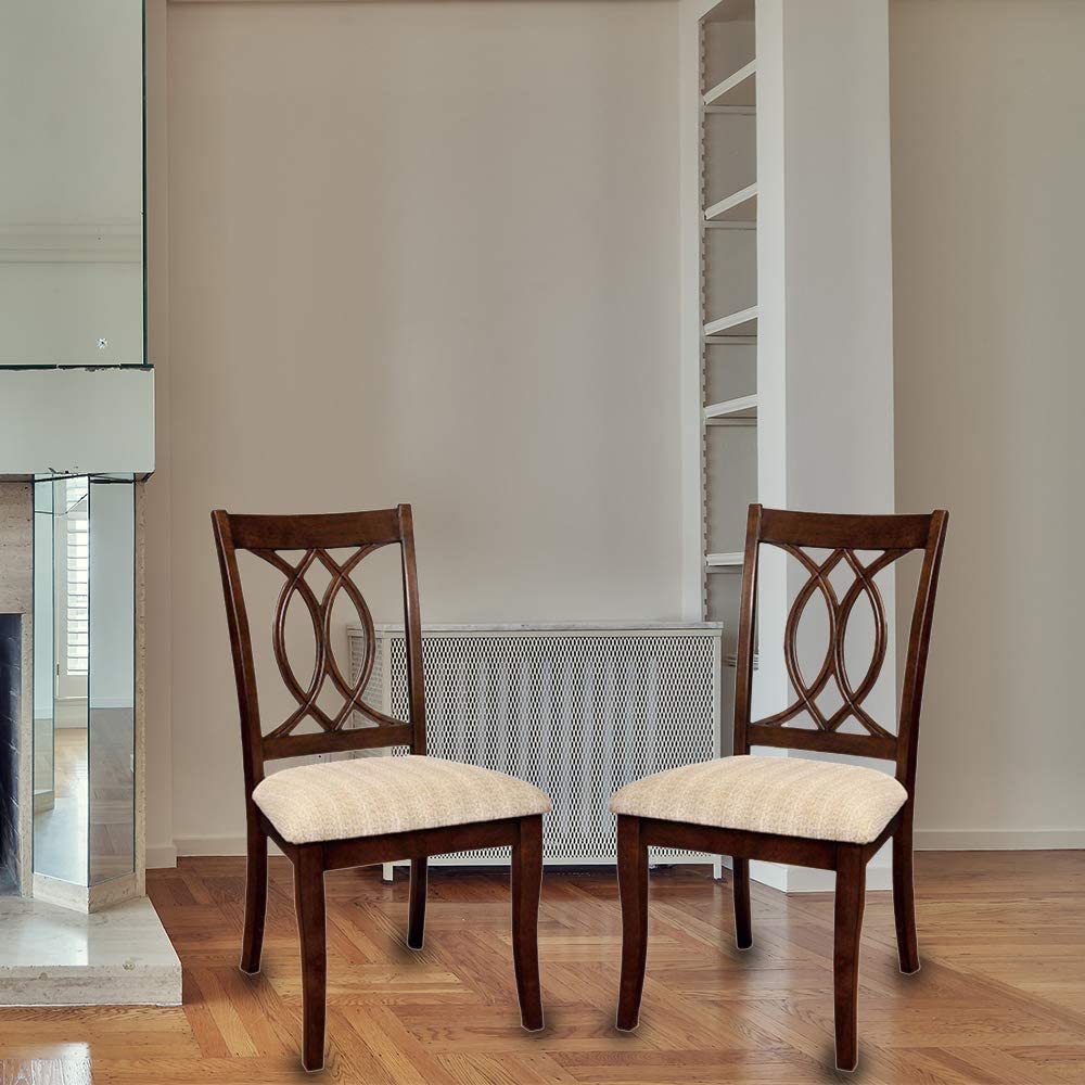 Classic Transitional Dining Chairs Set of 2 - Brown Cherry Solid Wood with Padded Fabric Seat - Elegant Side Chairs for Dining Room - Perfect for Family Dinners & Entertaining Guests