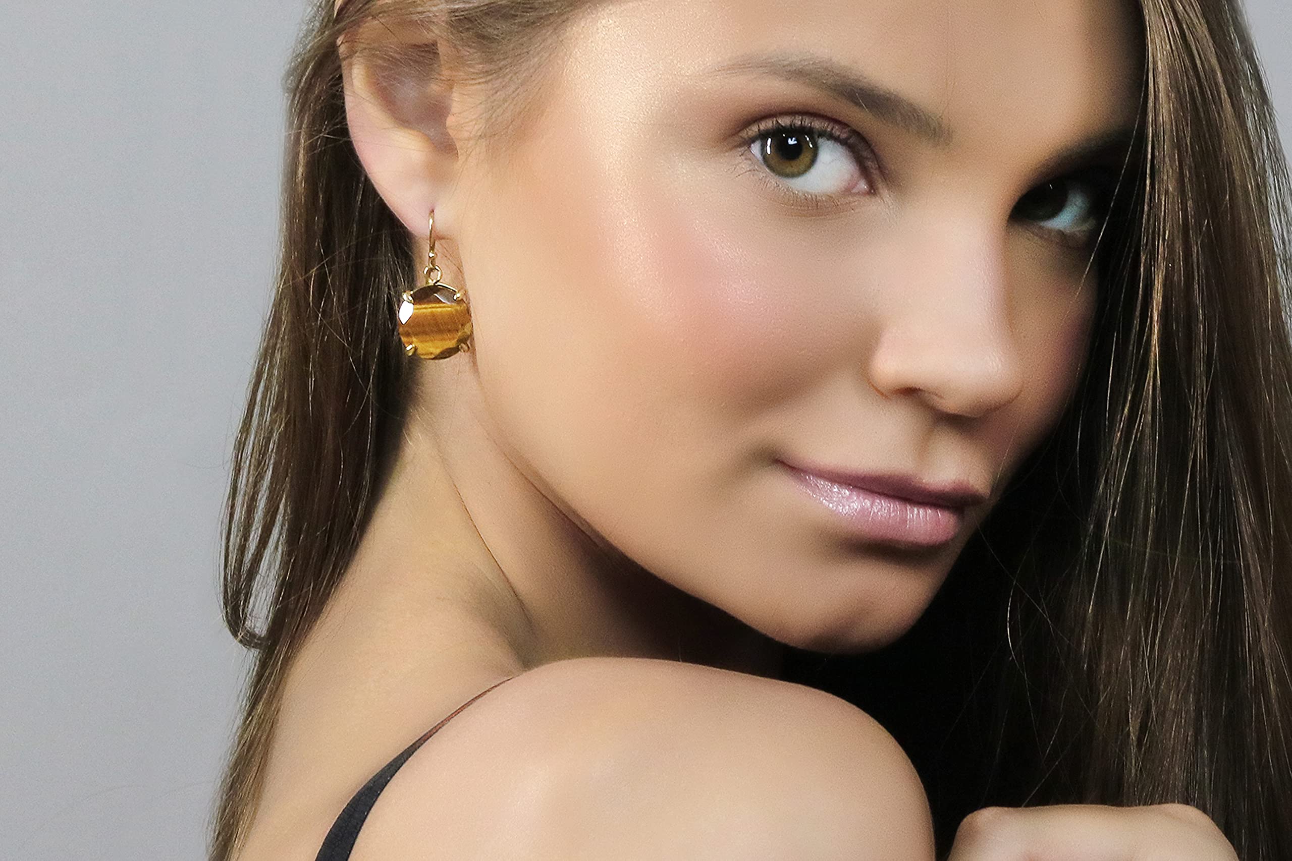 Tiger Eye Gemstone Earrings for Women - Elegant Large Dangling Statement Earrings | Handmade Anemone Jewelry | Perfect for Parties, Weddings & Special Occasions - Comes with Gift Box