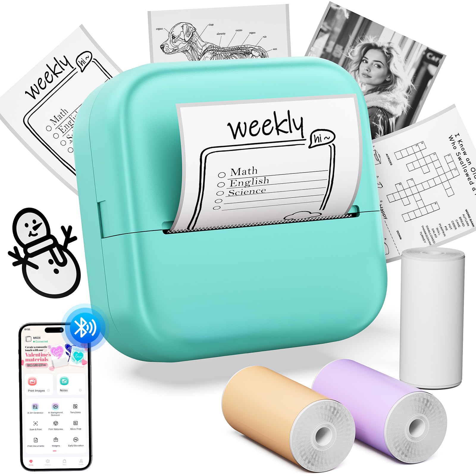 Bluetooth Sticker Maker M02X Mini Printer - Portable Inkless Pocket Photo Printer for Study Notes, Memories, Receipts & Gifts | Includes 3 Rolls Paper | Perfect for DIY Crafts, Scrapbooking & Home Organization