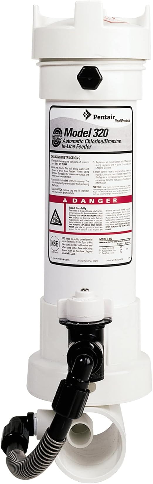 Pentair #320 Inline Chlorine Feeder for Pool - White Body, Holds 11L/98S Tablets - Perfect for Above Ground & Inground Pools, Spas, and Hot Tubs