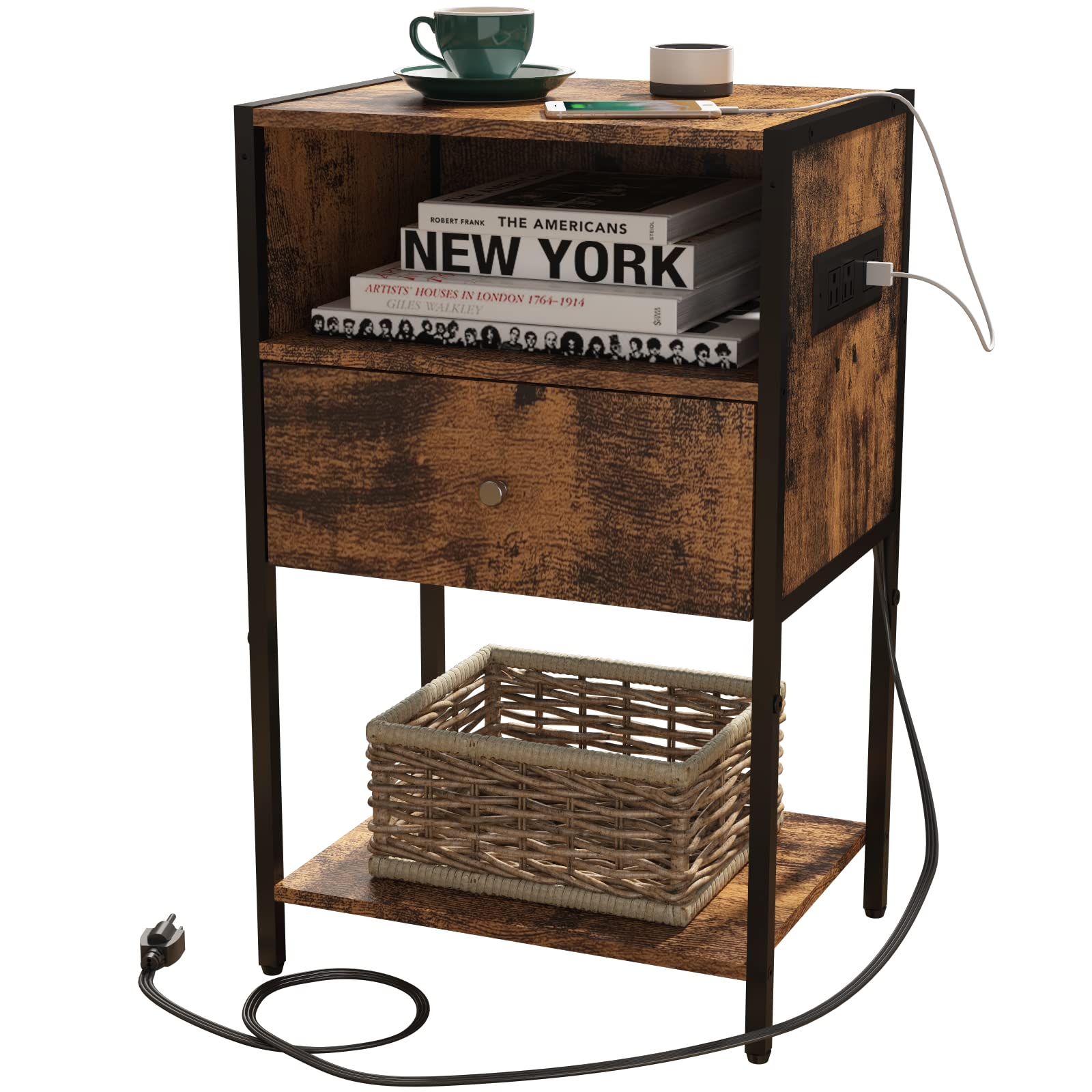 Modern Nightstand with USB Charging Station & Drawer - Rustic Brown Bedside Table with Open Storage Shelf - Perfect for Bedroom, Living Room or Office