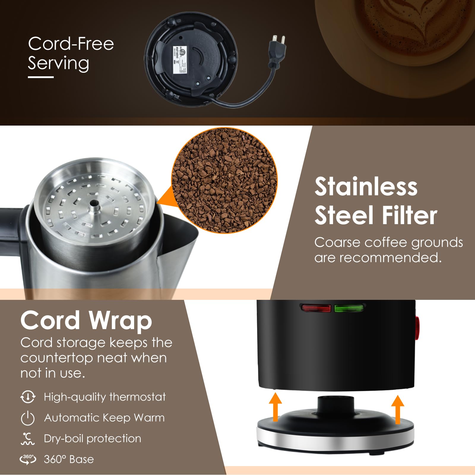 HOMOKUS 12-Cup Electric Coffee Percolator - 800W Stainless Steel Coffee Maker with Auto Keep Warm, Cool-Touch Handle & Clear Knob - Perfect for Home, Office, Camping & Outdoor Use