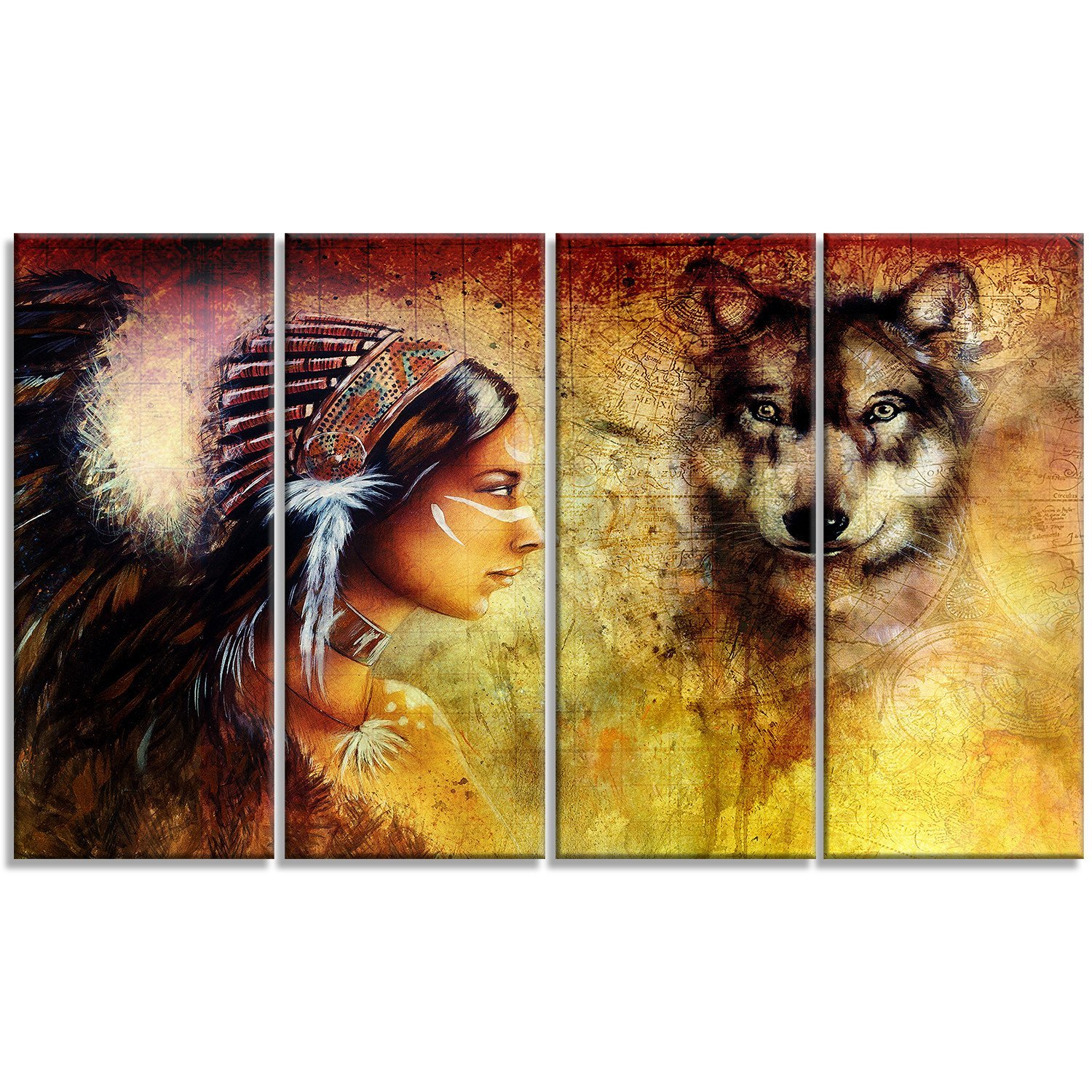 Designart Woman with Wolf - 48x28 Inch Metal Wall Art Decor - 4 Panel Canvas Print - Modern Home & Office Wall Decor for Living Room, Bedroom, Office