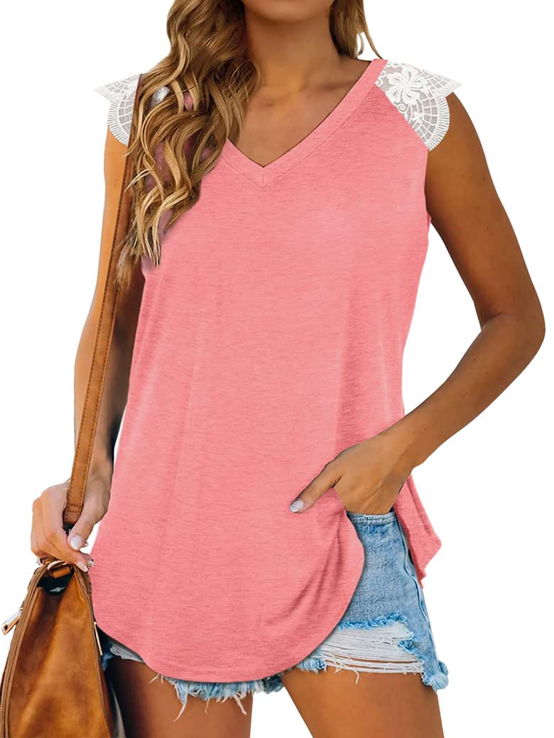 WLLW Women's V-Neck Lace Tank Top - Summer Loose Fit Sleeveless Tunic Shirt - Casual Blouse for Beach, Party & Everyday Wear
