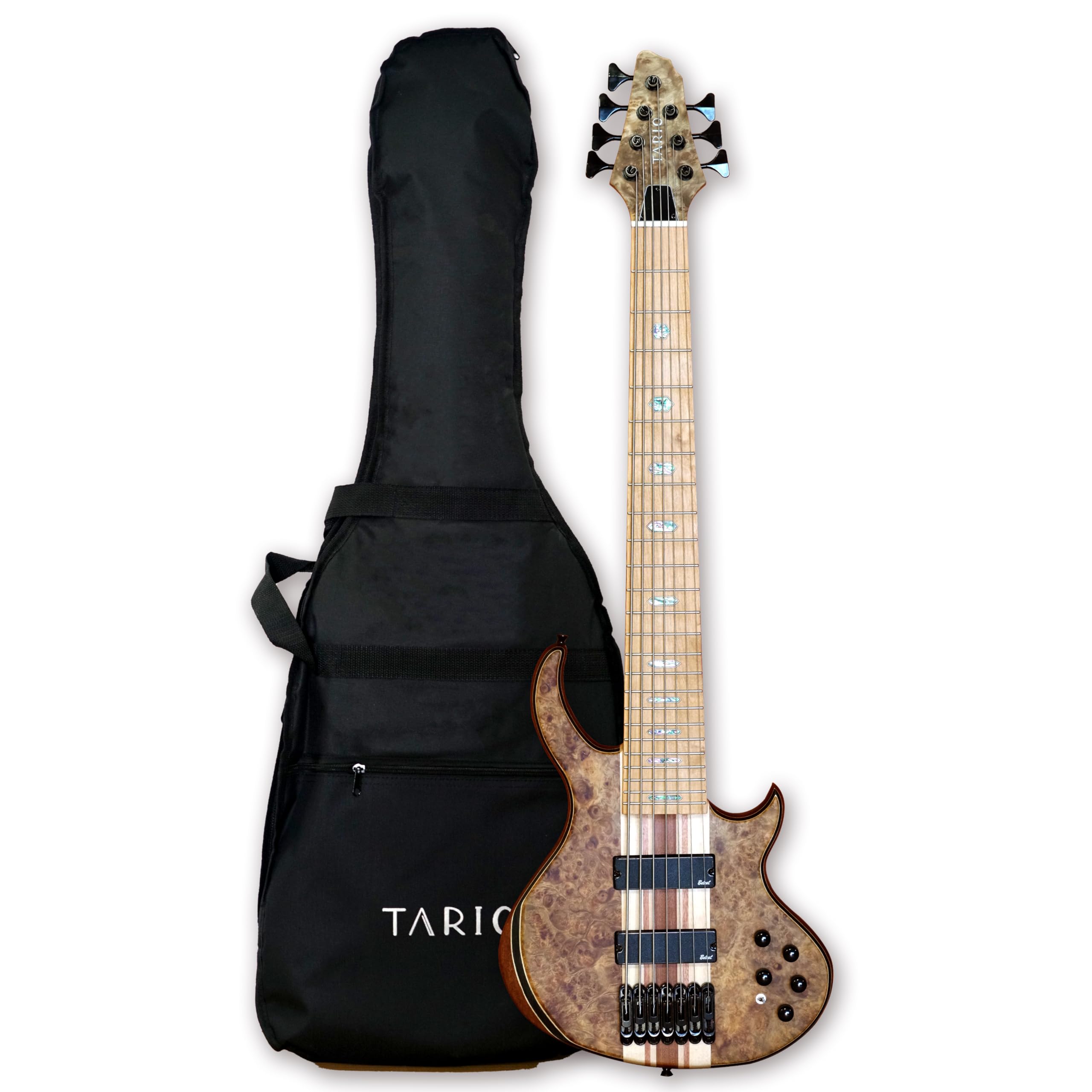 TARIO 7 String Electric Bass Guitar - Burl Poplar Top, Millettia Laurentii Okoume Body, Maple Fretboard - Perfect for Professional Musicians & Studio Recording