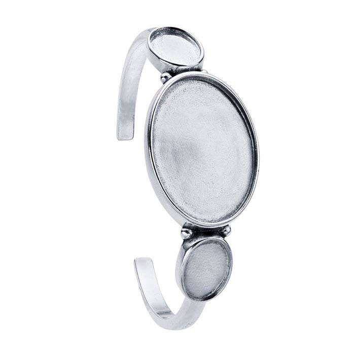 Premium Sterling Silver Three Stone Oval Cuff Bracelet Mounting for Oval Cabochon - DIY Jewelry Making, Custom Handmade Jewelry Supplies for Engagement Rings, Wedding Bands & Gift Jewelry Crafting