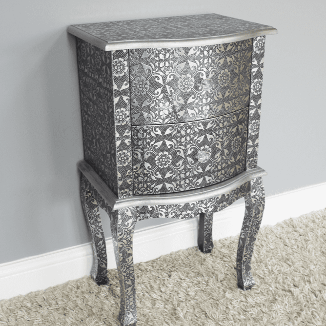 Handmade Embossed Blackened Silver Metal Nightstand with Two Drawers - Vintage Patterned Bedside Table for Bedroom Decor & Storage