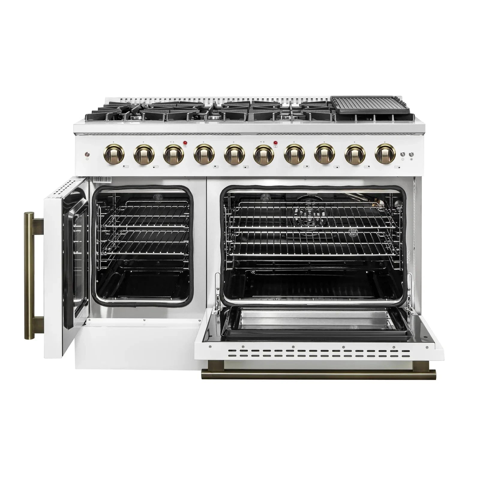 Forno Galiano 48-Inch Freestanding All Gas Range with French Doors - White with Antique Brass Trim (Model FFSGS6444 48WHT) - Perfect for Modern Kitchens & Professional Chefs