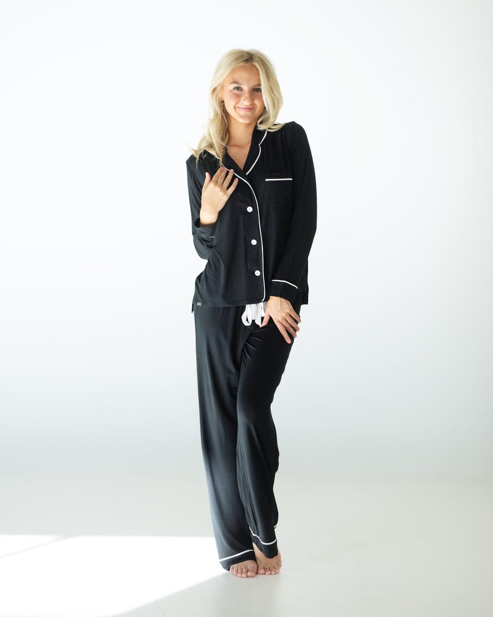 Comfortable Black Pajamas with White Buttons for Women - Soft Sleepwear for Nighttime Relaxation and Cozy Lounging at Home
