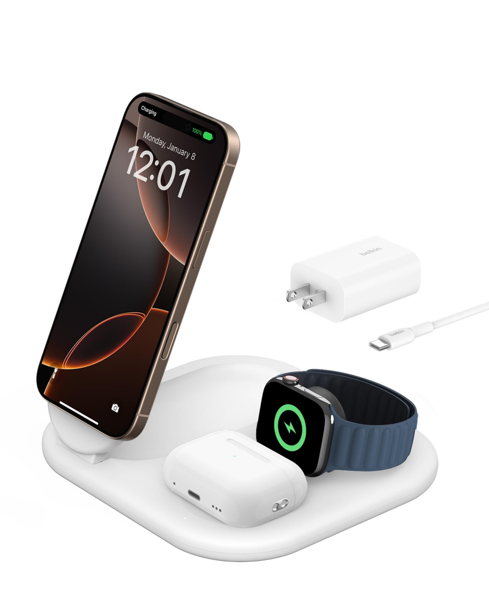 Belkin 3-in-1 MagSafe-Compatible iPhone Fast Charger 15W | Foldable Magnetic Qi2-Certified Wireless Charging Stand for iPhone 16, Apple Watch Series 10, AirPods 4 | Non-Slip Base & Power Adapter Included - White | Perfect for Nightstand, Office Desk & Travel