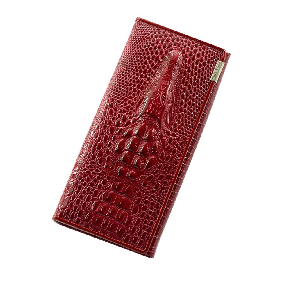 Genuine Leather Women's Crocodile Print Long Clutch Wallet with Coin Purse - Stylish Red Handbag for Evening Parties, Date Nights & Special Occasions