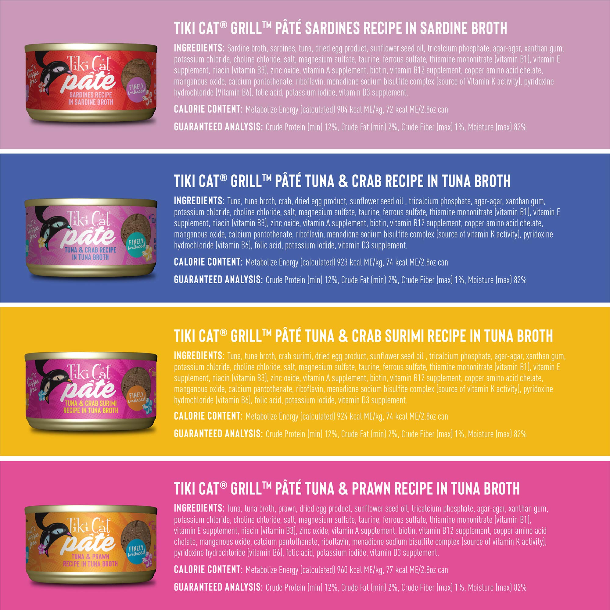 Tiki Cat Grill Pâté Variety Pack - 12 Cans of High-Protein Wet Cat Food with Real Flaked Fish, Grain-Free & High-Moisture Formula - Perfect for Indoor Cats, Senior Cats & Picky Eaters - 2.8 oz per Can