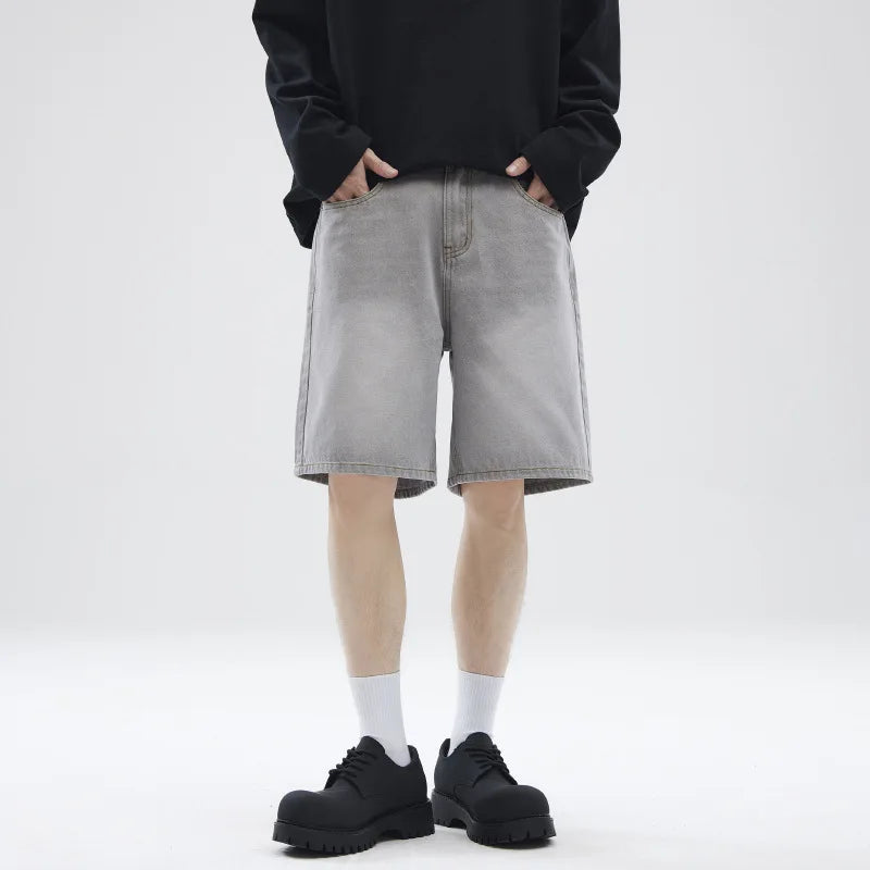 2025 Trendy American Fashion Men's Denim Shorts - Solid Color Summer Loose Straight Leg 5/4 Length Casual Pants (Style 9W1348) | Perfect for Beach Outings, Streetwear & Summer Vacations