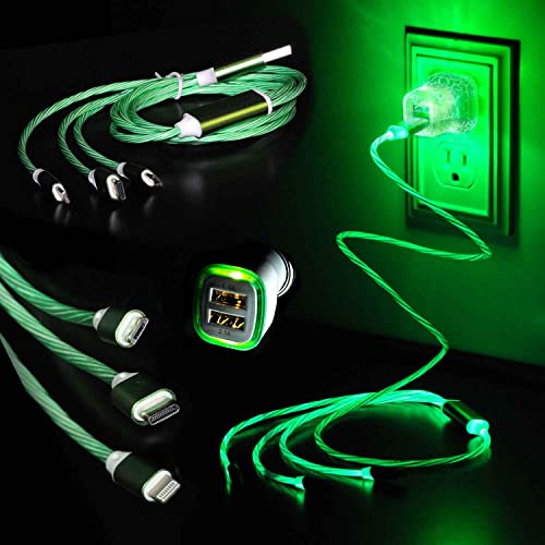 3 in 1 LED Light Up Charging Cable - Fast Charger Cord with Flowing Lights for iPhone, Samsung & Android - Type A Wall & Car Adapter - 4ft Green USB Cable for Night Use, Gaming & Travel Accessories