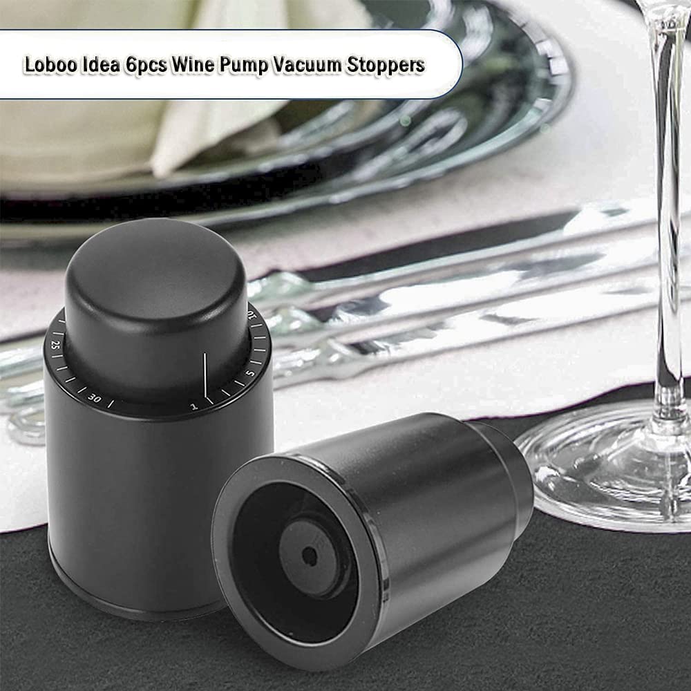 Premium Wine Vacuum Pump Stoppers - 6pcs Black Wine Saver Stoppers for Glass Bottles | Extend Wine Freshness | Perfect for Home Bars, Parties & Wine Storage