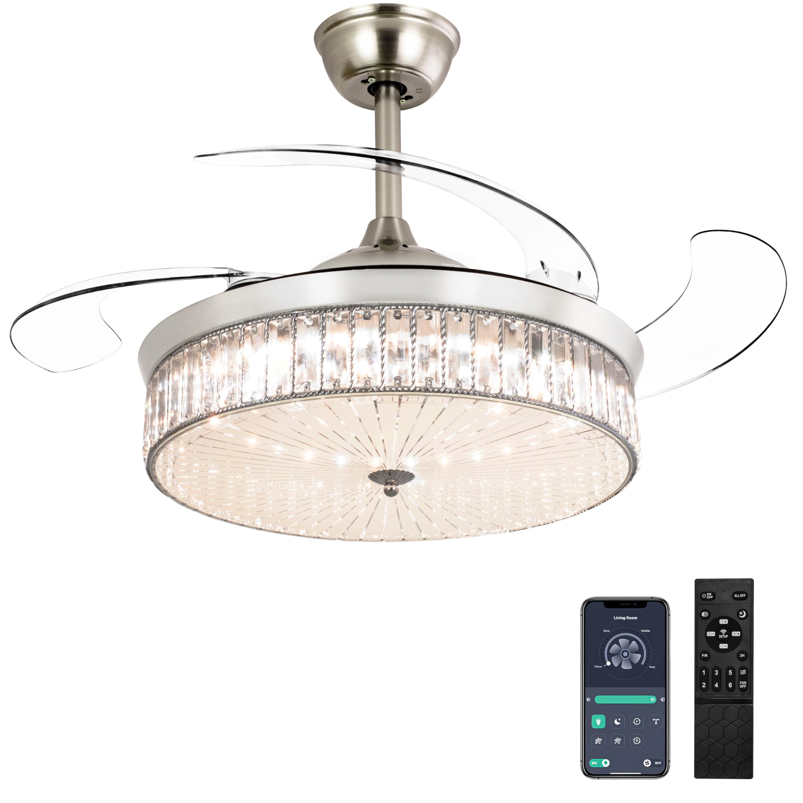 Ohniyou 42 Inch Retractable Ceiling Fan with Lights and Remote Control - Crystal Chandelier Ceiling Fan Indoor, Chrome Silver Finish - Perfect for Bedroom, Living Room, Dining Room and Home Office