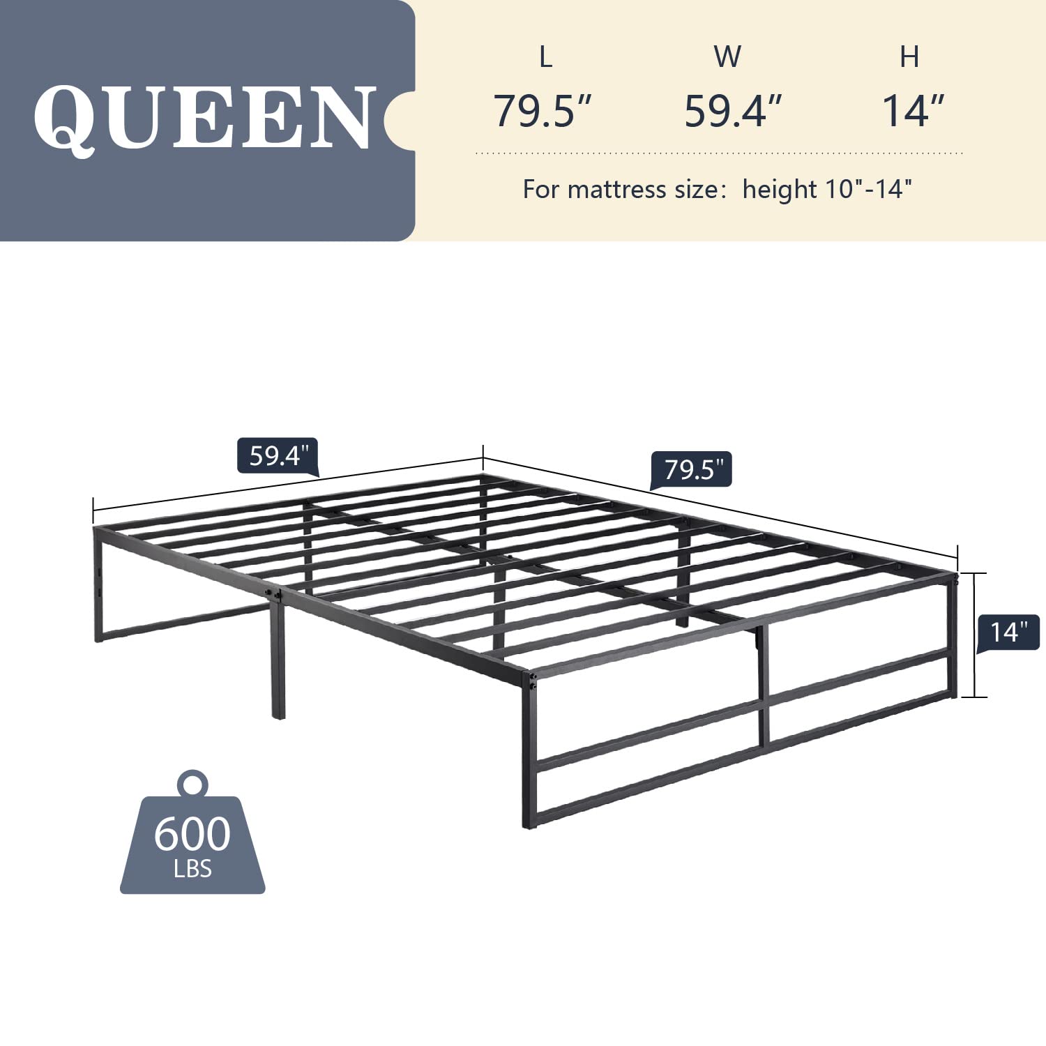 Heavy Duty Queen Size Platform Bed Frame with 14