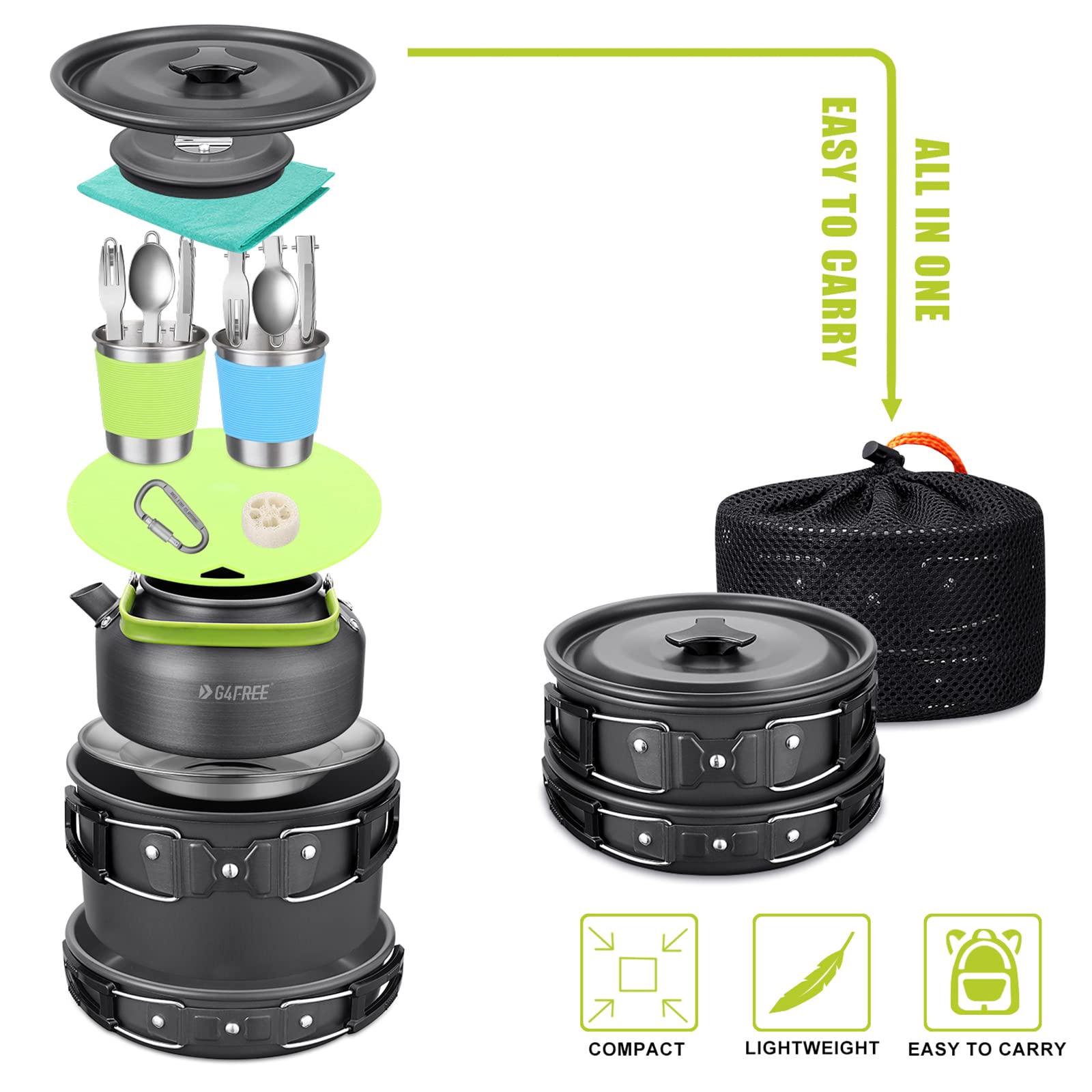 G4Free 19PCS Camping Cookware Set - Non-Stick Pot & Pan with Kettle, Stainless Steel Cups, Plates, Forks, Knives & Spoons - Lightweight Backpacking Gear for Hiking, Picnics & Outdoor Cooking Adventures