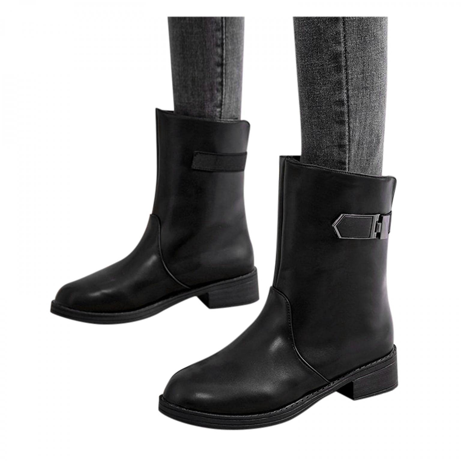 Women's Western Dressy Mid Calf Cowgirl Boots - Round Toe Flat Platform Combat Boots for Women | Perfect for Country Dancing, Rodeo Events & Everyday Fashion Wear