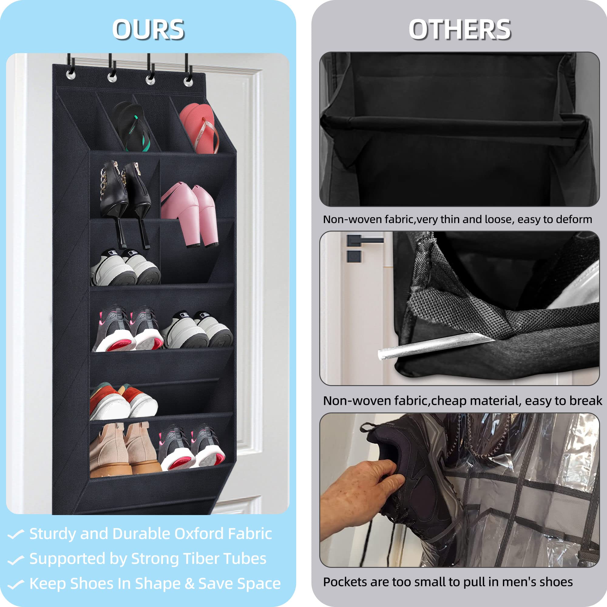 Over The Door Shoe Organizer - 2 Pack Hanging Shoe Rack with Large Deep Pockets for Closet, Dorm & Narrow Doors | Space Saving Black Shoe Holder for Sneakers, Boots & Sandals | Perfect for Bedroom, Entryway & Small Spaces