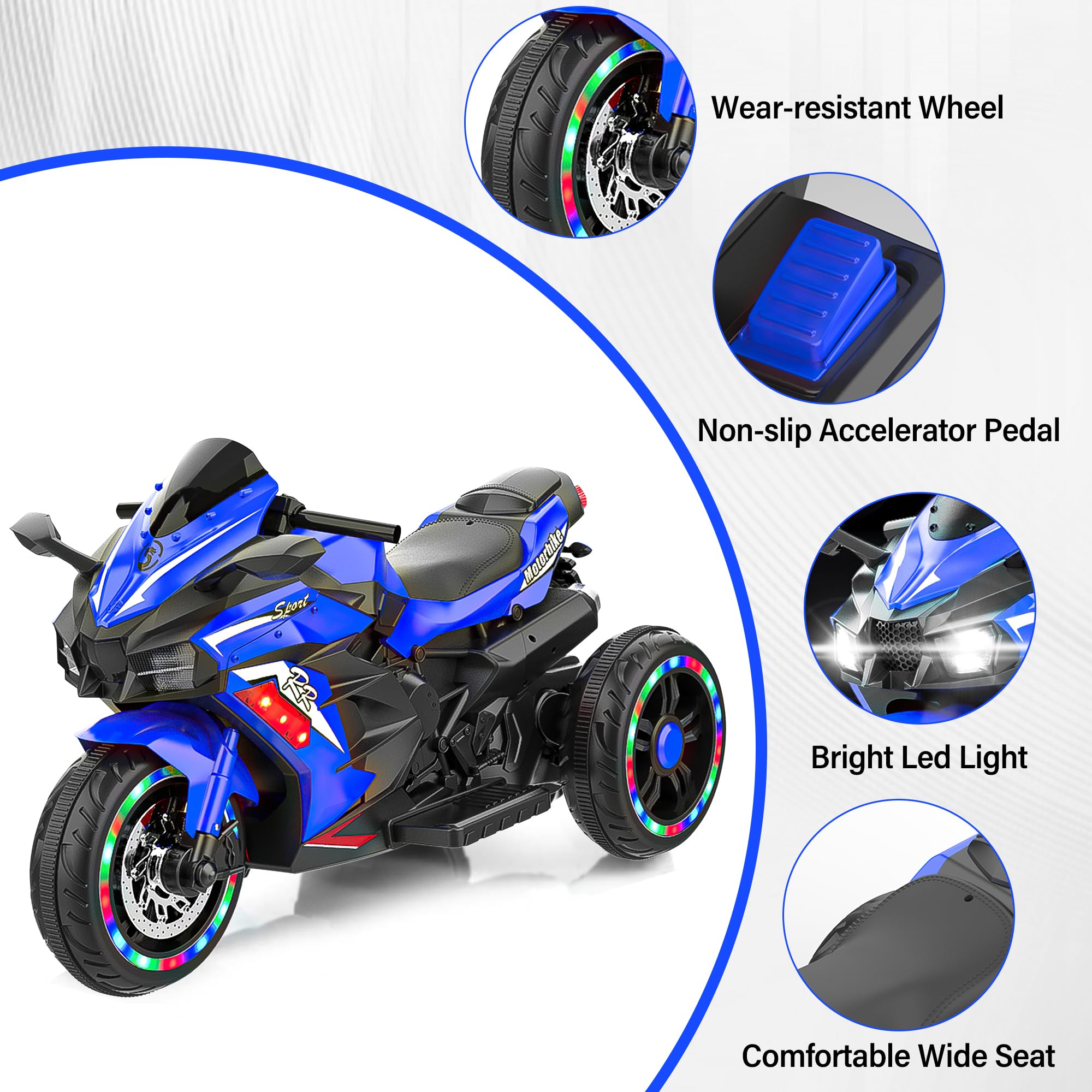 12V Kids Electric Ride On Motorcycle - 3-Wheel Battery Powered Toy Bike for Boys & Girls Ages 3-6 | LED Light-Up Tires, PU Seat & Racing Handlebars | Perfect Birthday Gift for Toddlers | Indoor & Outdoor Play