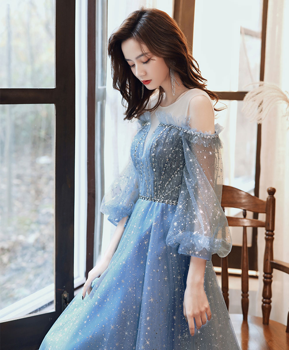 Elegant Blue Round Neck Tulle Sequin Long Prom Dress for Evening Gala & Formal Events | Perfect for Homecoming, Wedding Guest & Special Occasions