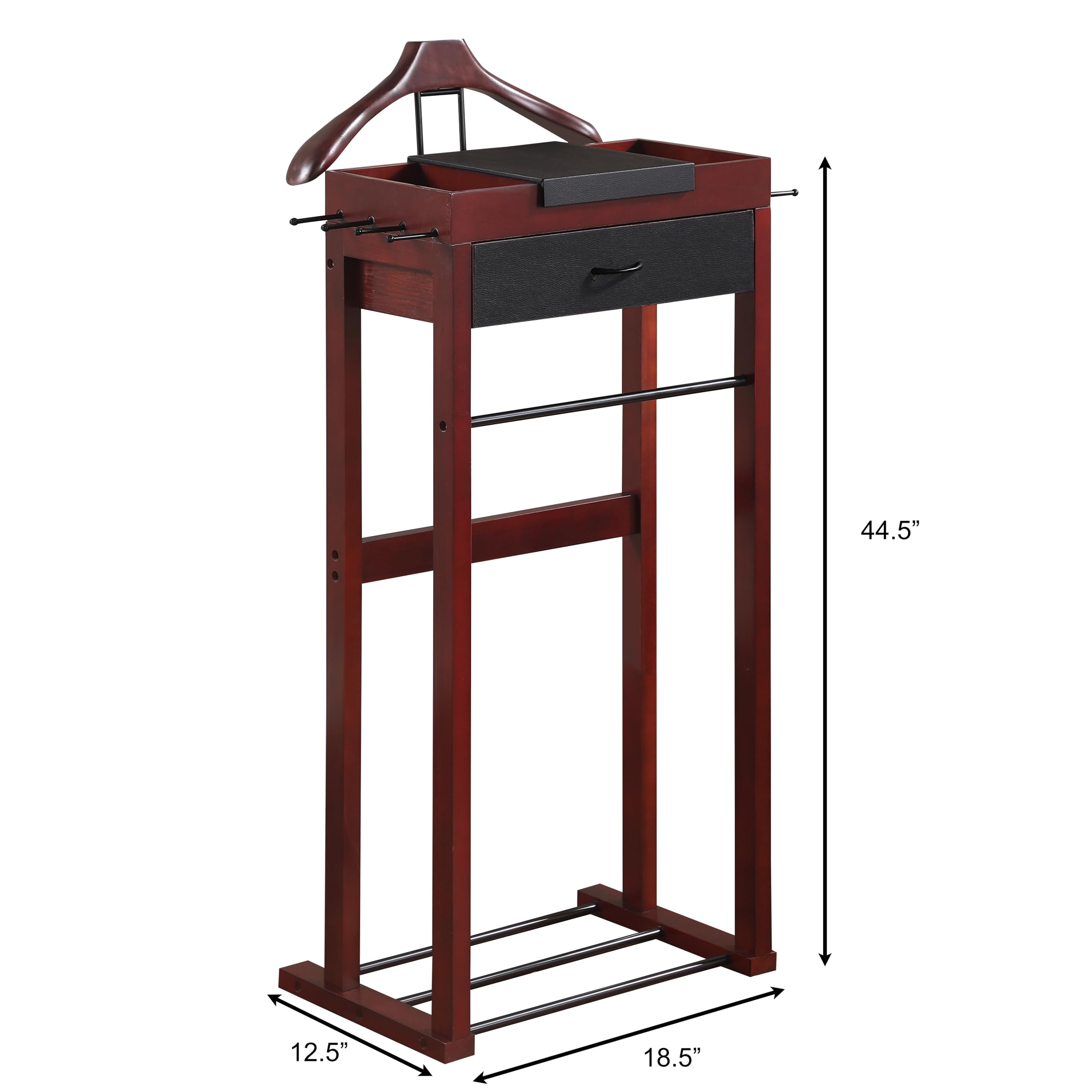 Premium Winston Wooden Clothes Valet Stand - Freestanding Wardrobe Organizer with Hanger, Pant Rod, Drawer, Tie Hook & Shoe Tray for Men & Women - Mahogany Finish - Perfect for Bedroom, Walk-in Closet & Dressing Room Organization