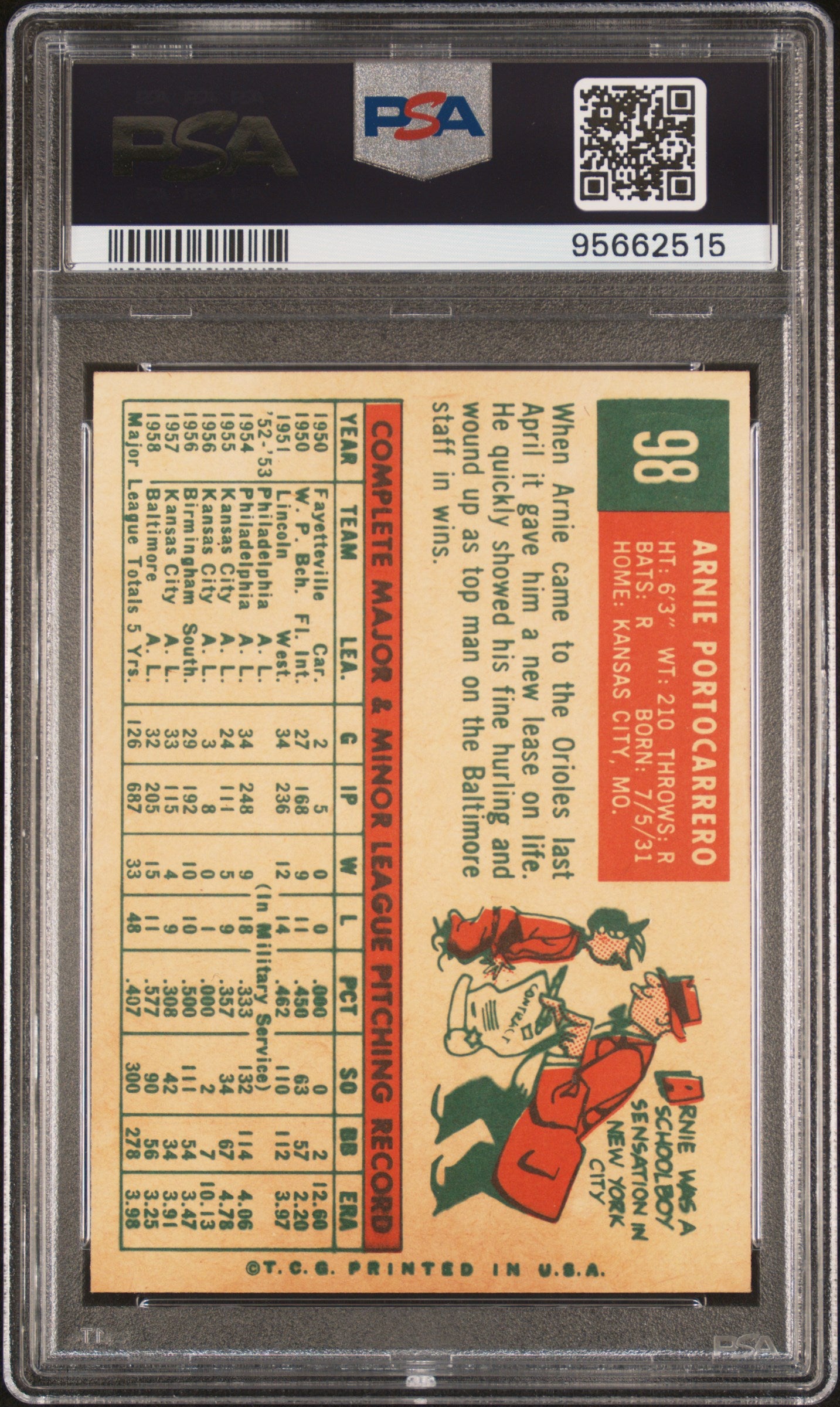 1959 Topps Arnie Portocarrero #98 PSA 8 NM-MT Baseball Card - Vintage MLB Collectible for Display & Investment