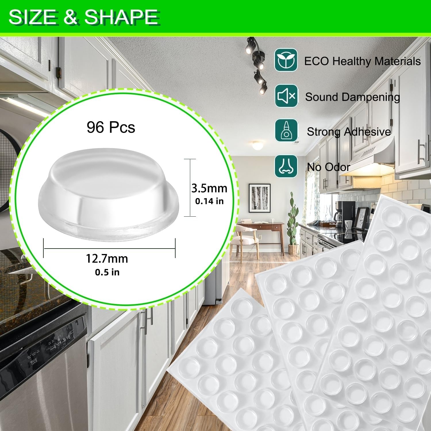 Furnigear Clear Self-Adhesive Rubber Cabinet Bumpers - 96PCS Soft Silicone Door Stoppers for Noise Reduction & Furniture Protection | Durable Cabinet Door Dots for Kitchen, Bathroom & Office Use