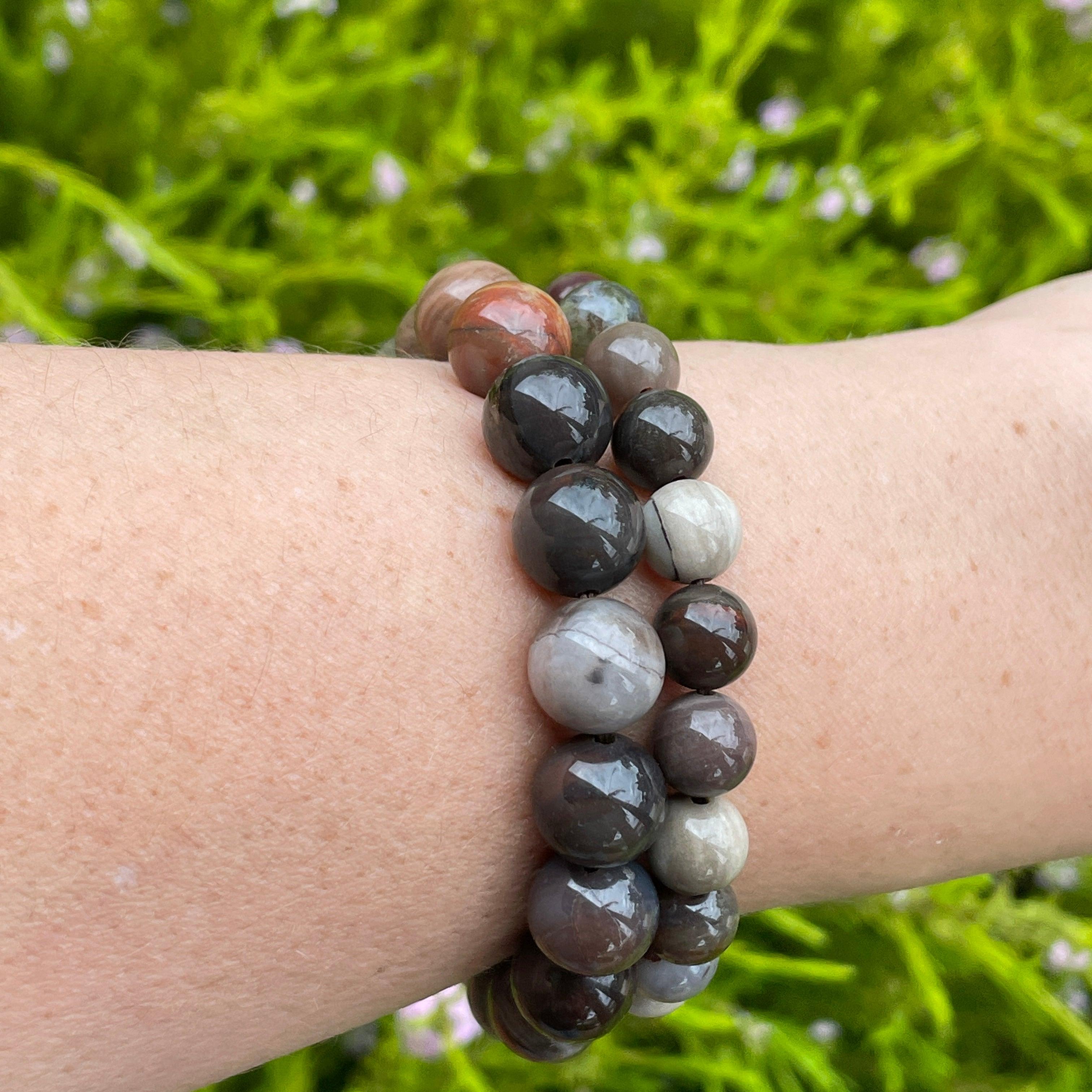 Natural Petrified Wood Beaded Bracelet for Women & Men - Unique Fossilized Stone Jewelry for Healing, Meditation & Spiritual Energy - Perfect for Gifts, Yoga & Boho Fashion