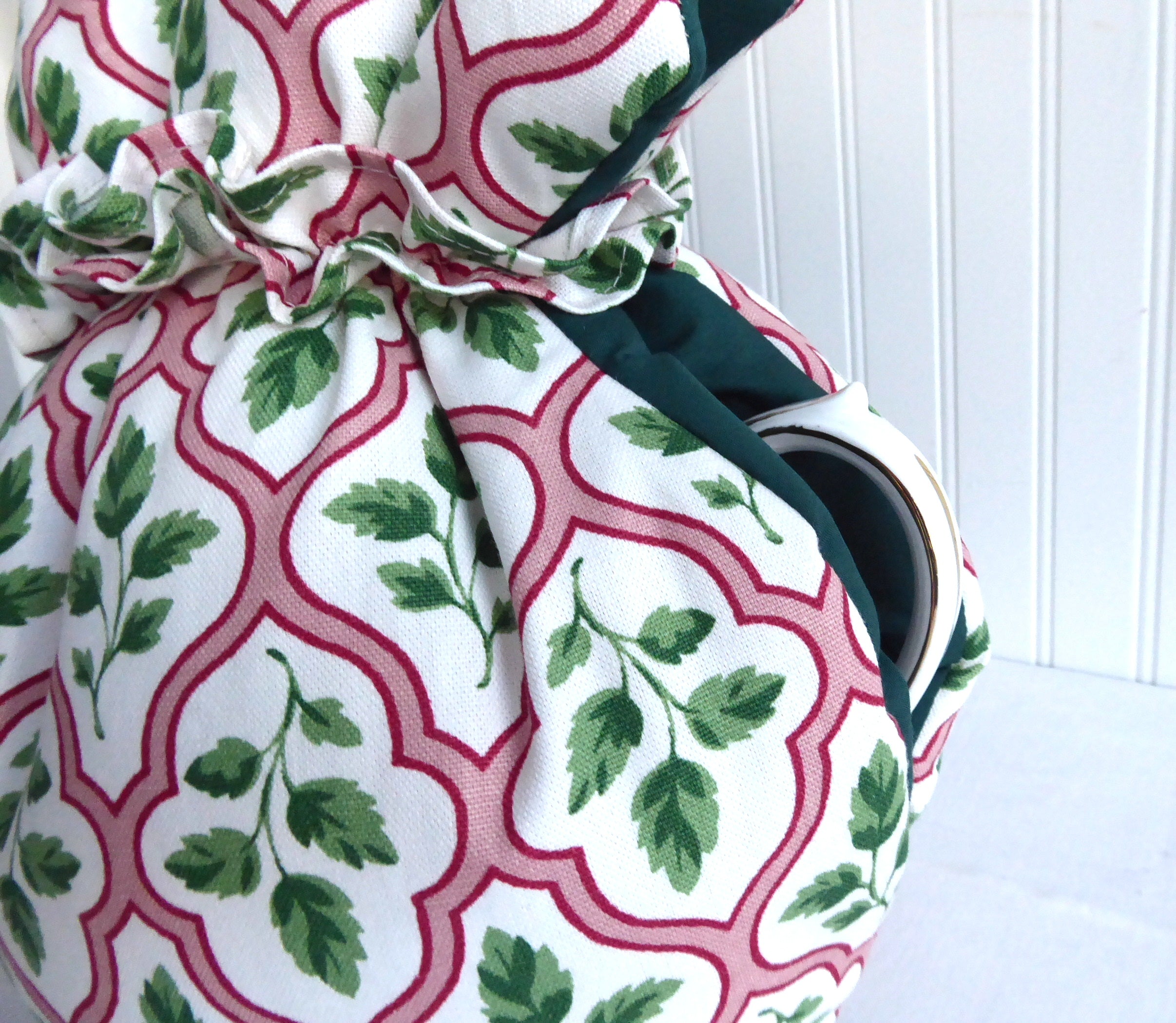 Large Tea Cozy - Padded Muff Style Insulated Tea Cover - Handmade Orchid Embroidery in Pink & Green - Perfect for Tea Parties & Winter Warmth