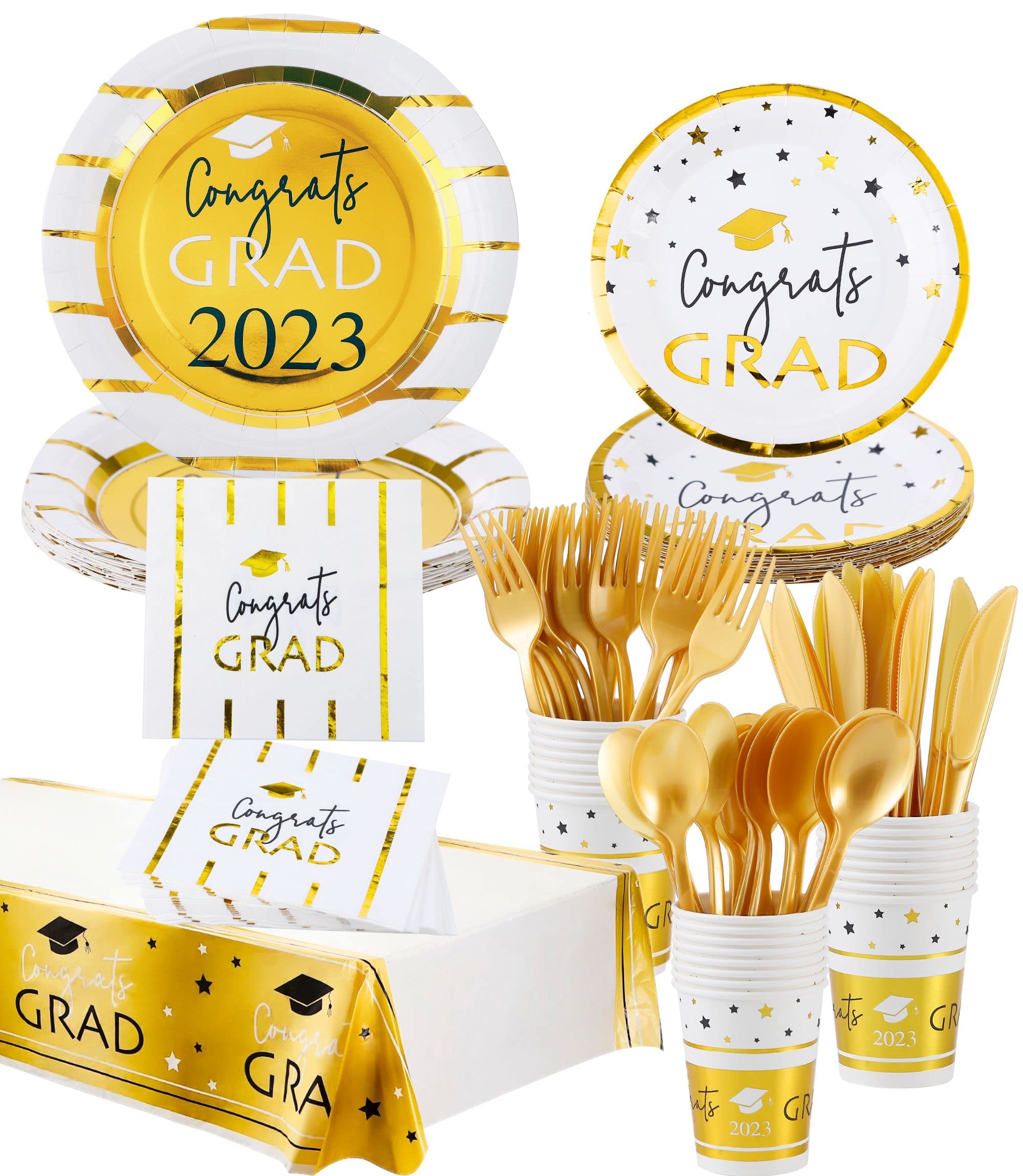 2023 Graduation Party Supplies Set - 16-Piece White & Gold Plates, Napkins, Cups & Cutlery for College Graduation Decorations & Favors - Perfect for Commencement Celebrations, Graduation Dinners & Open House Parties