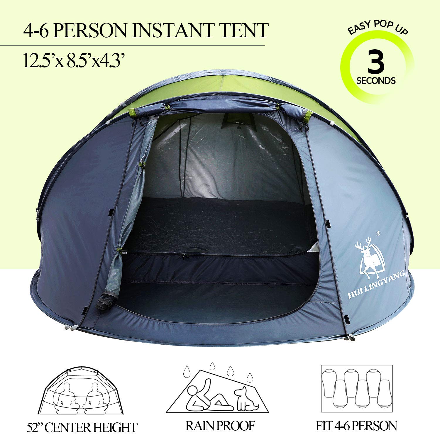 6 Person Easy Pop Up Tent - 12.5’ x 8.5’ x 53.5
