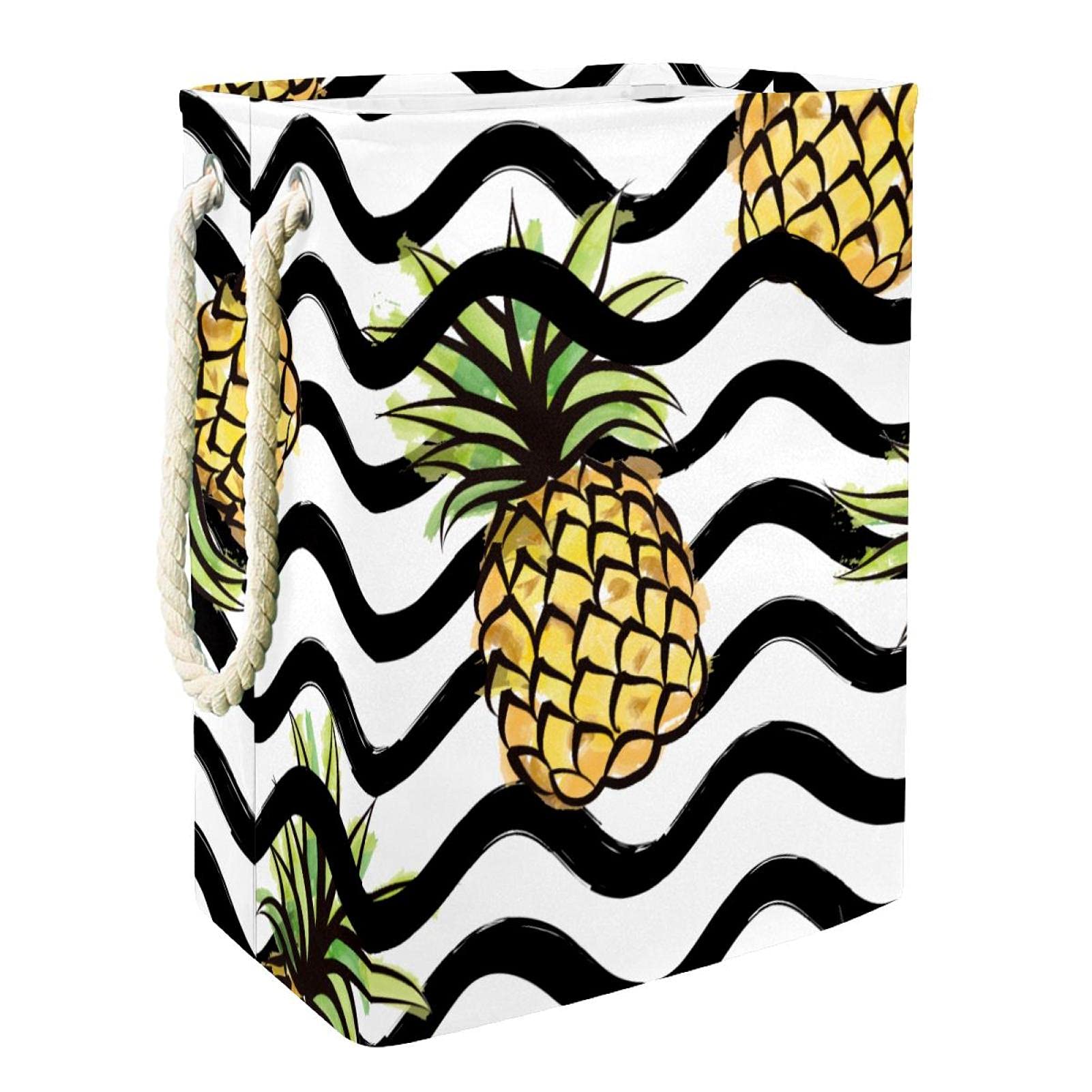 Foldable Laundry Hamper with Handles - Detachable Storage Bin for Bathroom & Kids' Room Organization | Pineapple Stripe Black & White Design | Perfect for Clothes, Toys & Household Items Storage