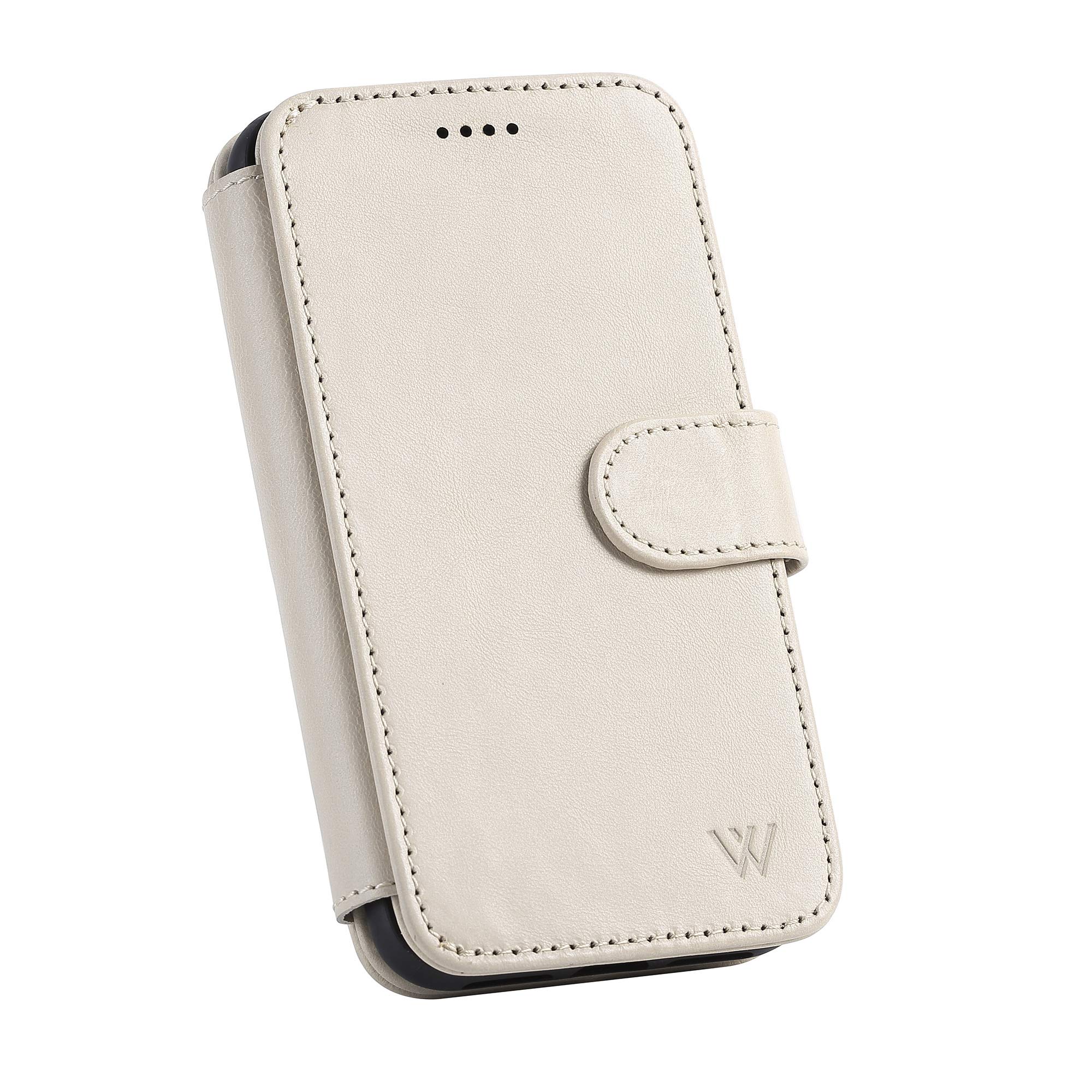 Wilken iPhone 12 Mini Leather Wallet Case with Detachable Magnetic Cover | Wireless Charging Compatible | Genuine Top Grain Leather | Slim Protective Phone Case for iPhone 12 Mini (Cream) - Perfect for Everyday Use, Travel & Business Meetings