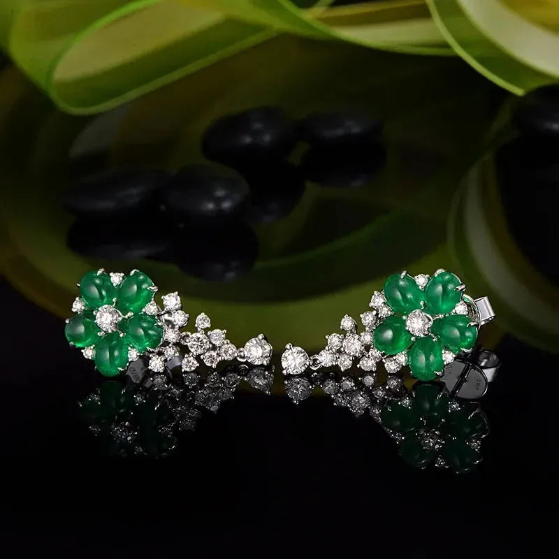 CAIMAO 18K Gold Flower Drop Earrings for Women - 3.91ctw Natural Cabochon Emeralds & 1.0ct Brilliant Cut Diamonds | Elegant Jewelry for Weddings, Parties & Special Occasions