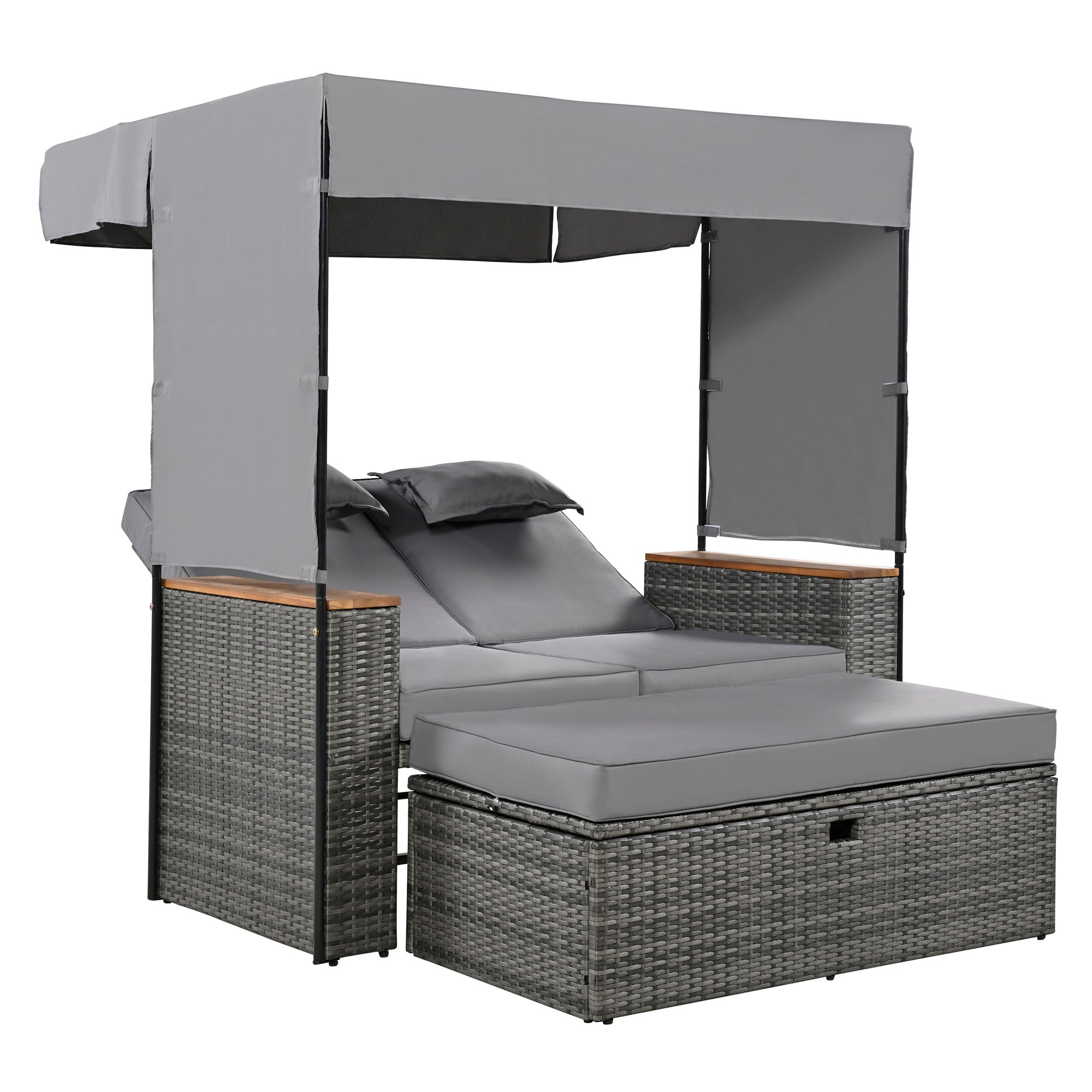 2 Piece Outdoor Rattan Daybed with Bench Lounge Roof Set & Cushions - Waterproof Wicker Patio Furniture for Poolside, Backyard, Garden - Perfect for Sunbathing, Relaxing & Outdoor Entertaining