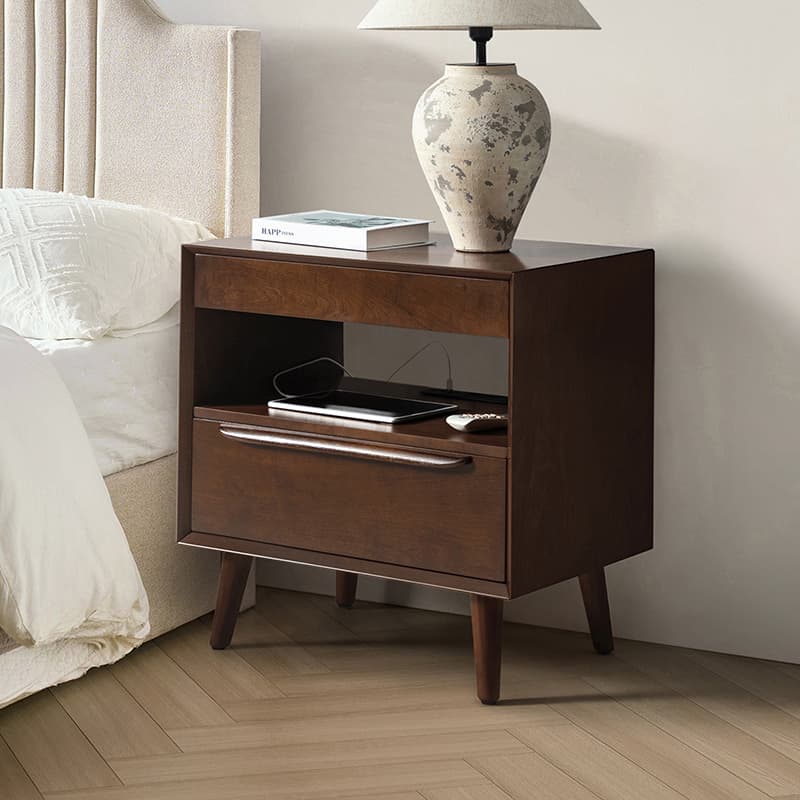 Mid Century Modern Nightstand with 2 Drawers & Built-In Outlets - Giralda Bedside Table for Bedroom, Living Room & Office (Optional Types)