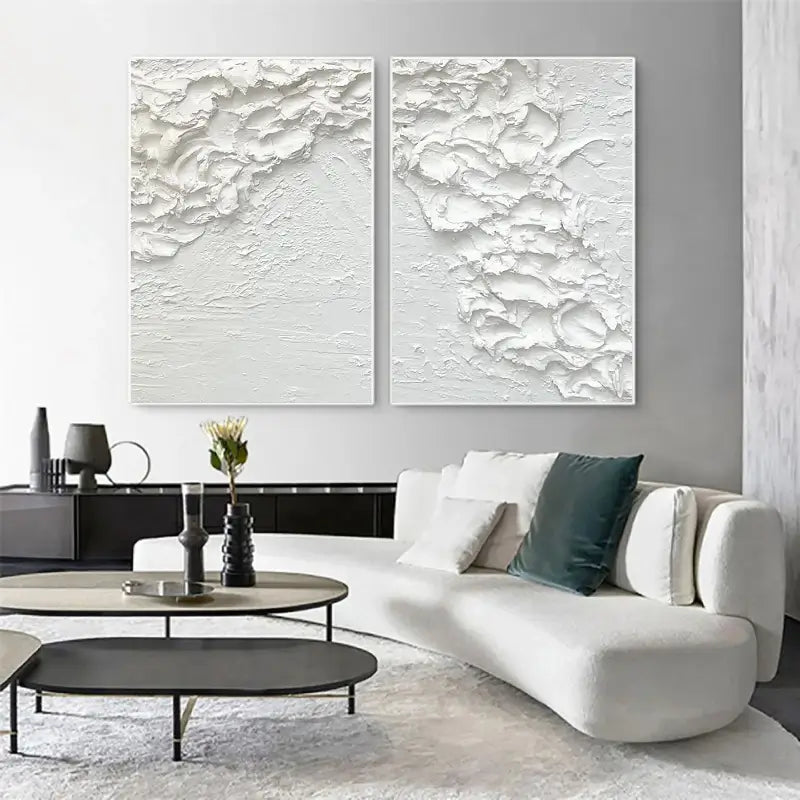 Minimalist White Textured Canvas Wall Art Set of 2 - Modern Abstract Paintings for Living Room, Bedroom & Office Decor #MM061