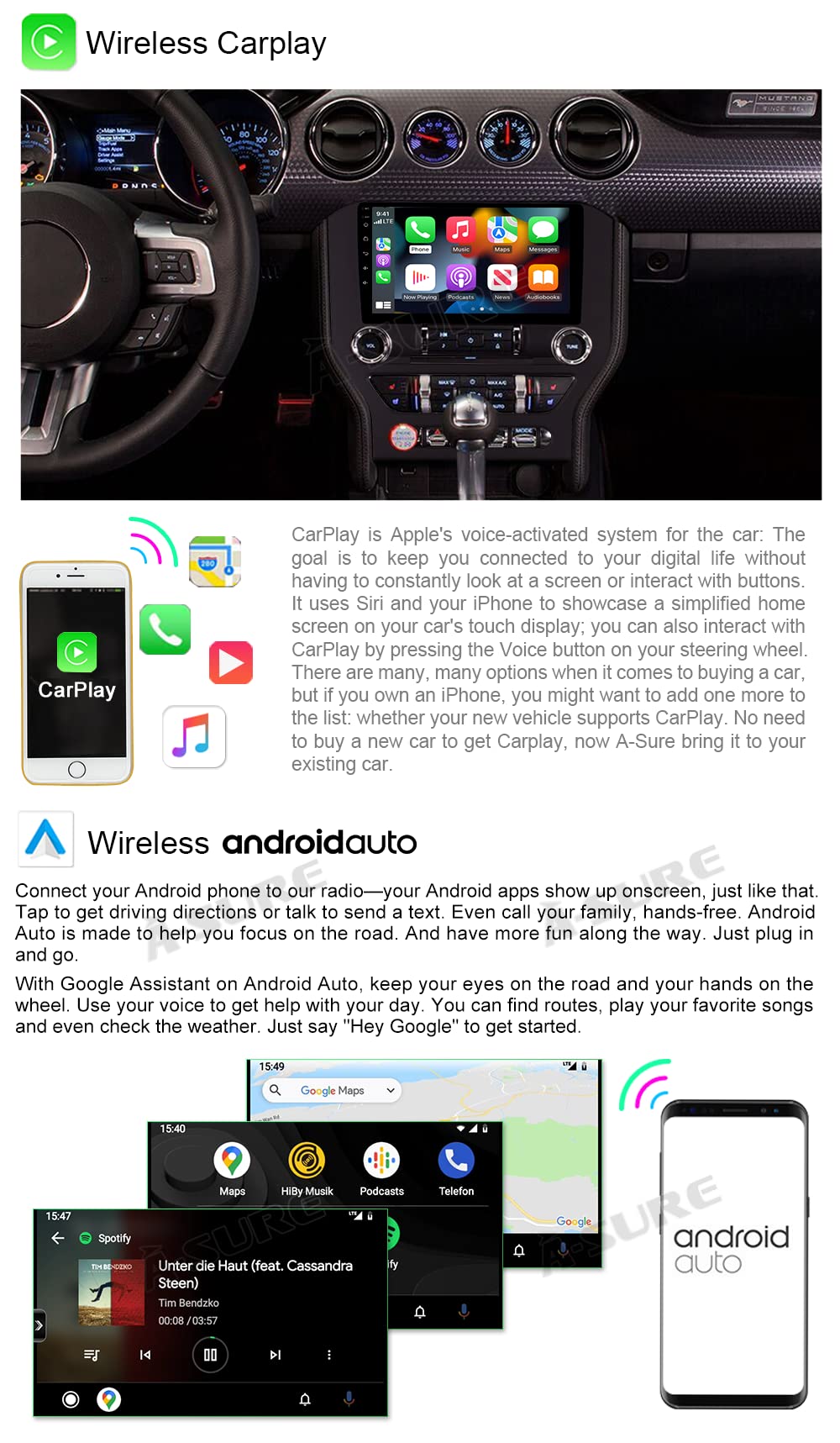 ASURE 9-inch Android Car Stereo Radio for Ford Mustang 2015-2020 | 4-Core 2+32GB | Wireless CarPlay & Android Auto | HD 1280x800 Touchscreen | In-Dash GPS Navigation | Automatic A/C Control | Perfect for Road Trips & Daily Commuting