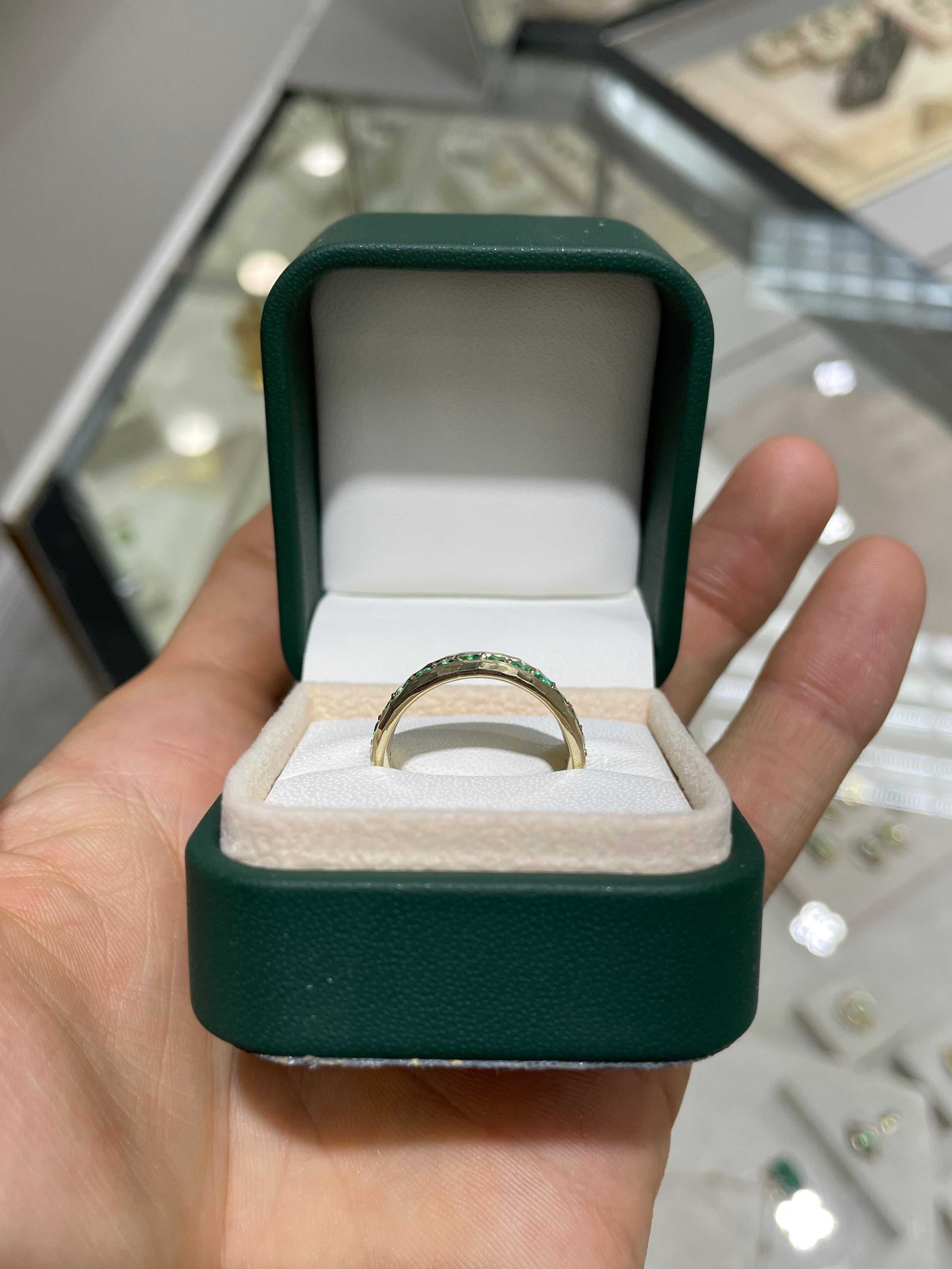 1.50tcw Custom Zambian Emerald Wedding Band - 8mm Wide 14K Gold Ring for Women, Engagement, Anniversary & Special Occasions