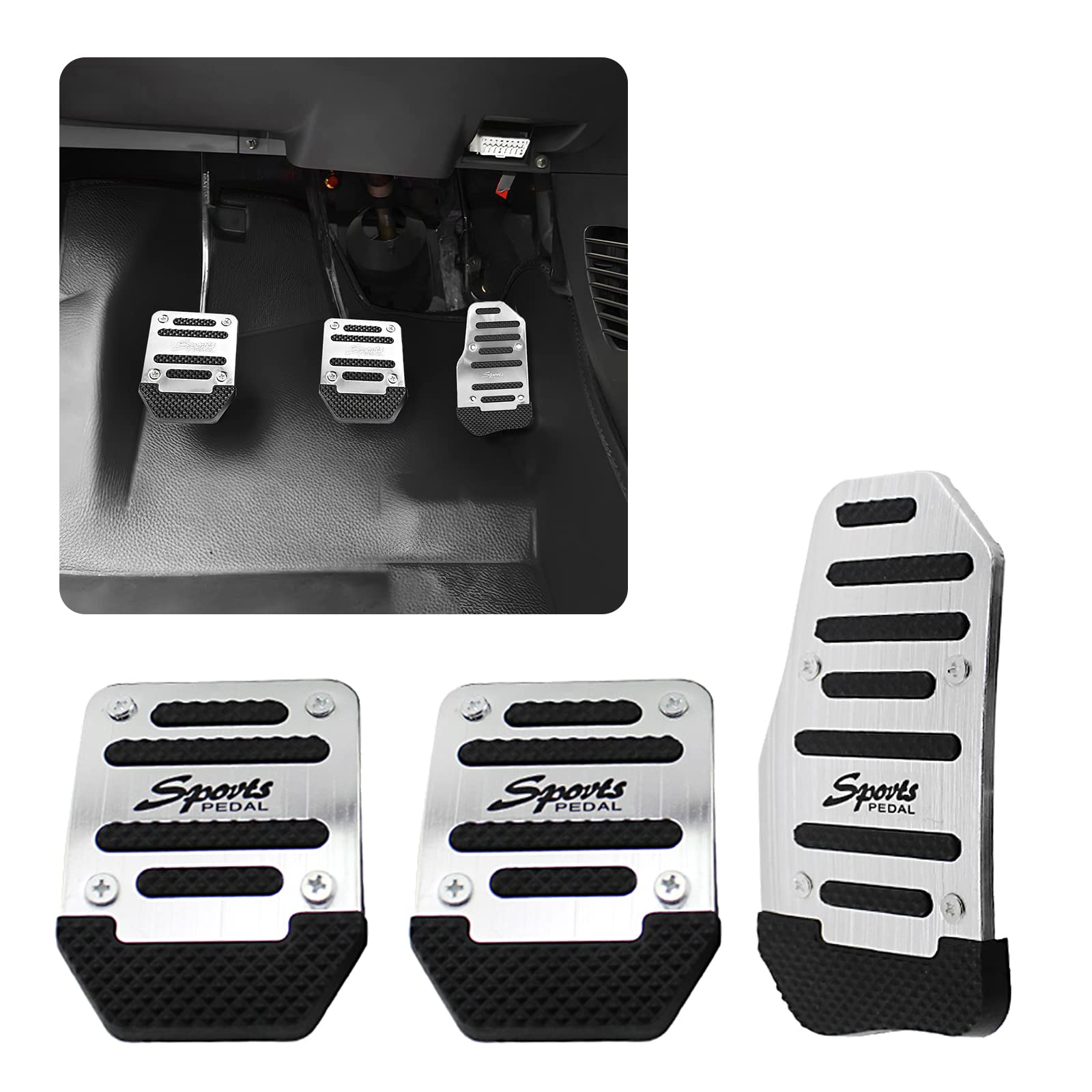 3 PCS Non-Slip Car Pedal Pads - Aluminum Manual Transmission Brake & Clutch Covers - Universal Fit for Cars, SUVs, ATVs (Silver) | Enhanced Grip & Style for Sports Driving & Off-Road Adventures